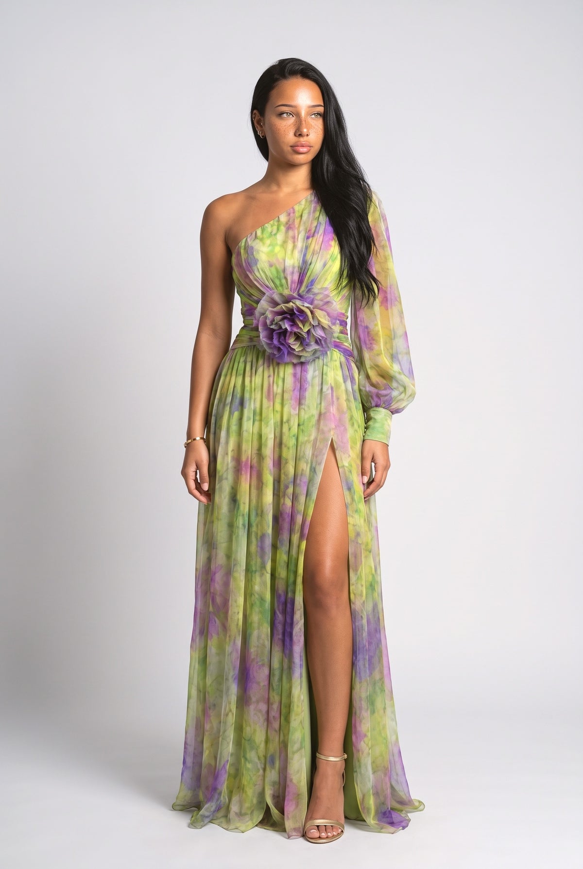 Floral Sheer One-Shoulder Ruched Maxi Dress, green