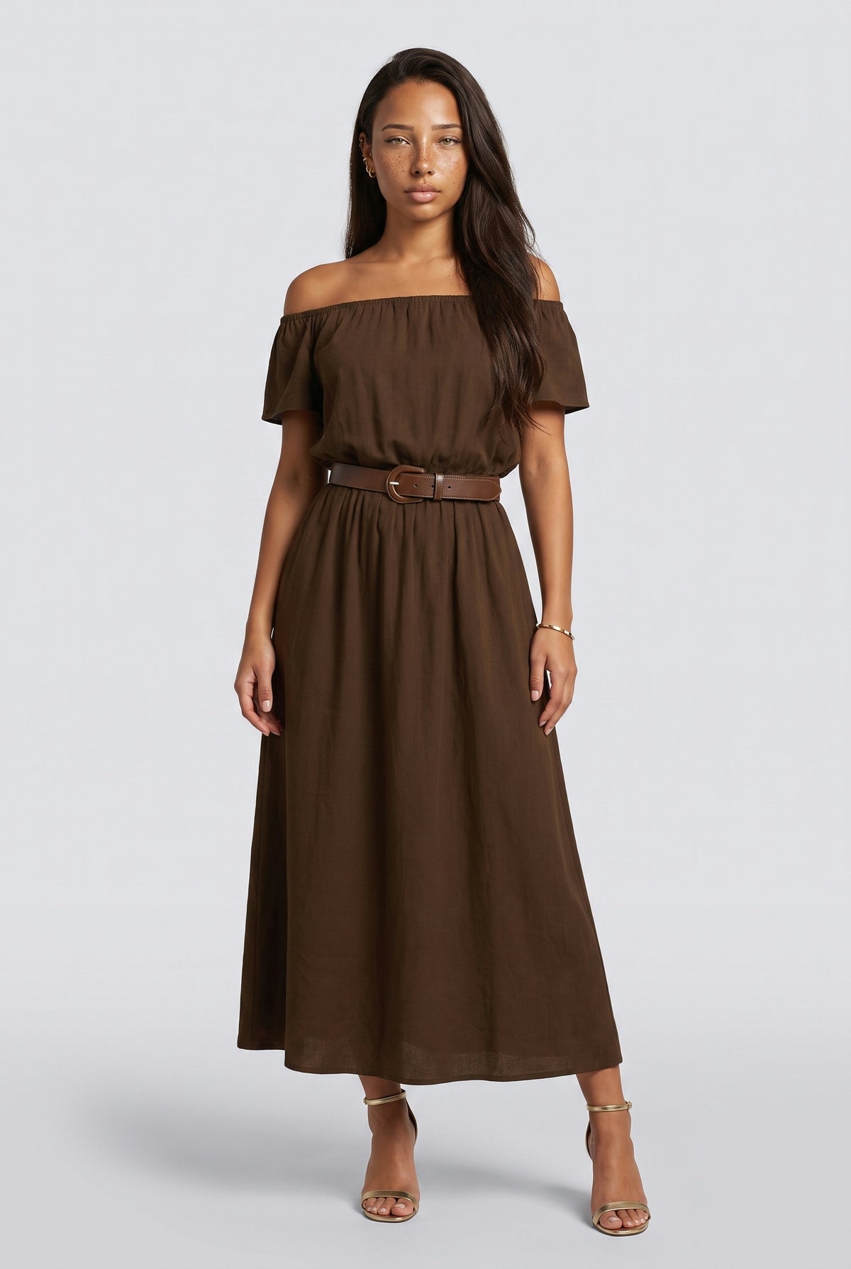 Brown Off-Shoulder Dress, grey brown