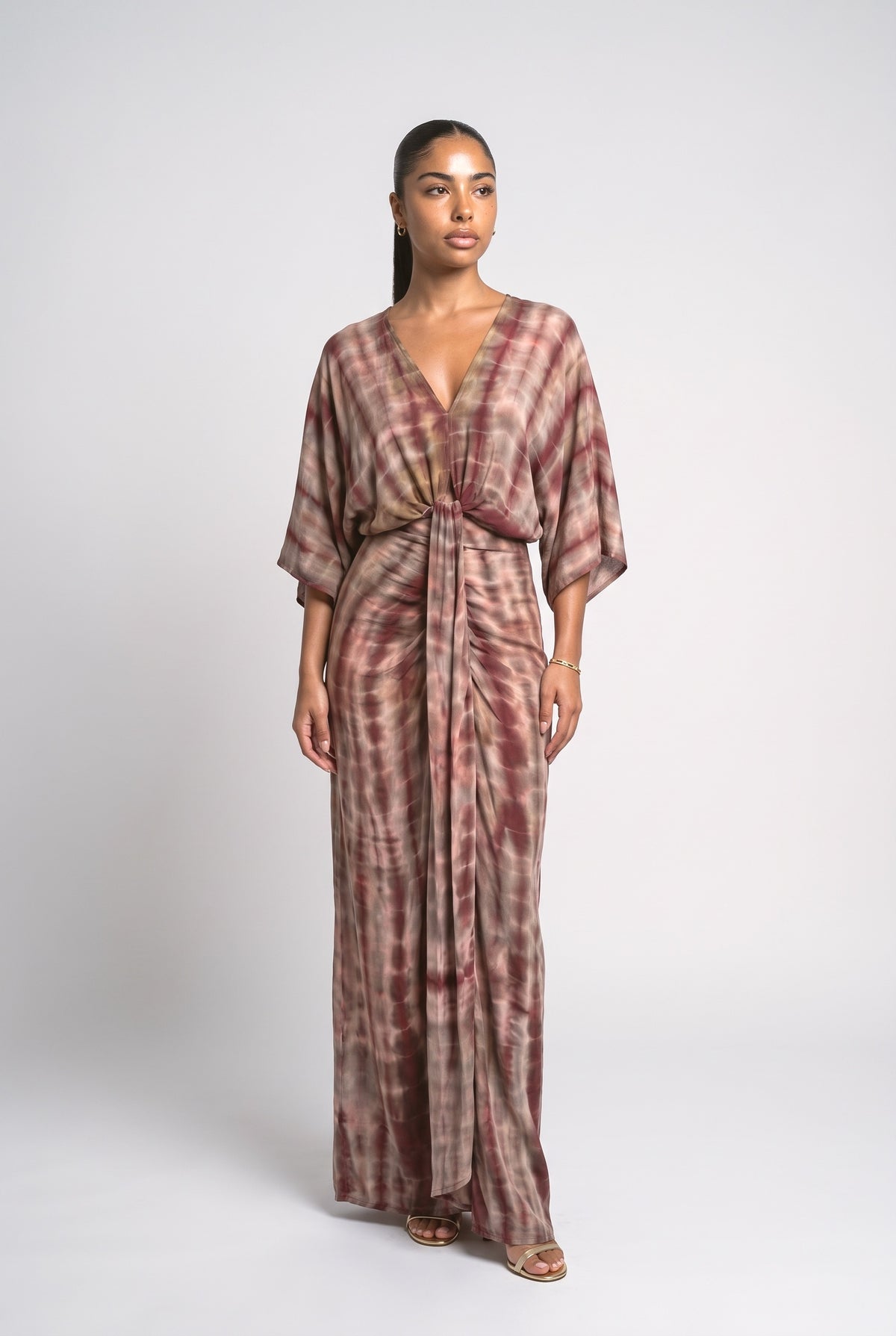 Print V-Neck Slit Maxi Dress, grey pink