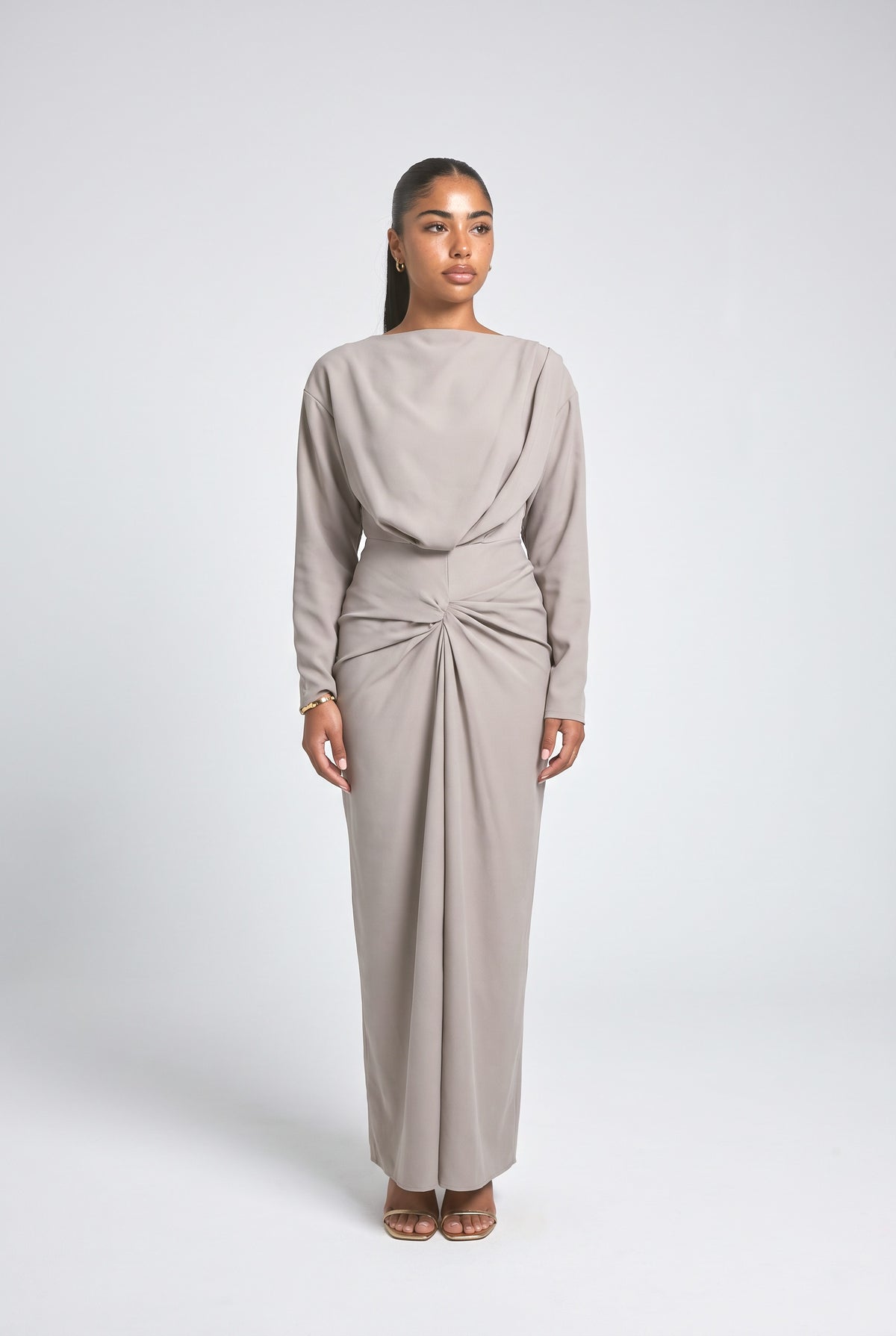 Boat Neck Pleated Slim Fit Maxi Dress, grey