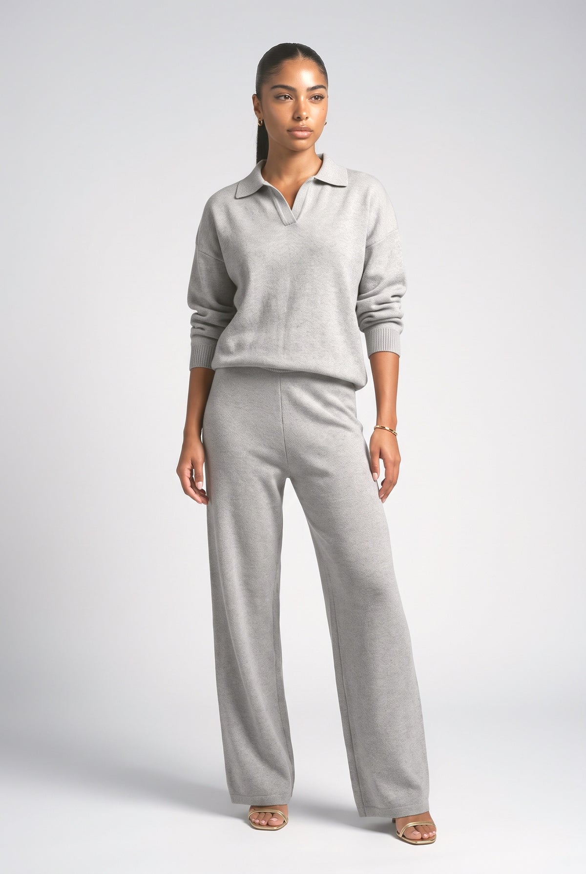 Polo Neck Knitted Pullover Wide Leg Pants Two-Piece Sets, grey