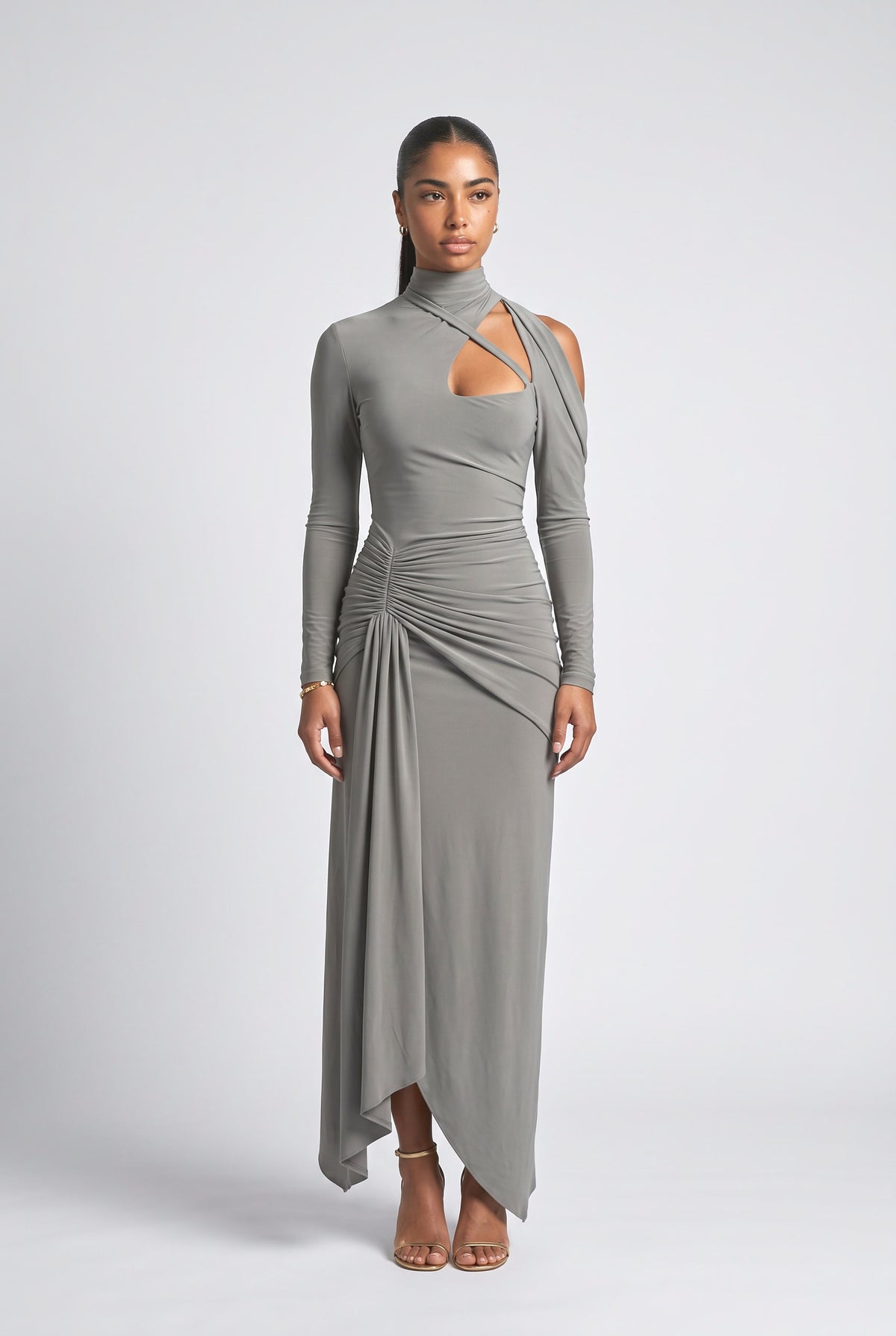 Silky Pleated Maxi Dress, grey