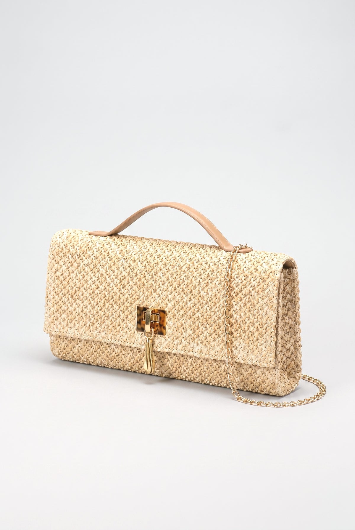 Rectangular Straw Woven Top Handle Clutch Crossbody Bag, khaki