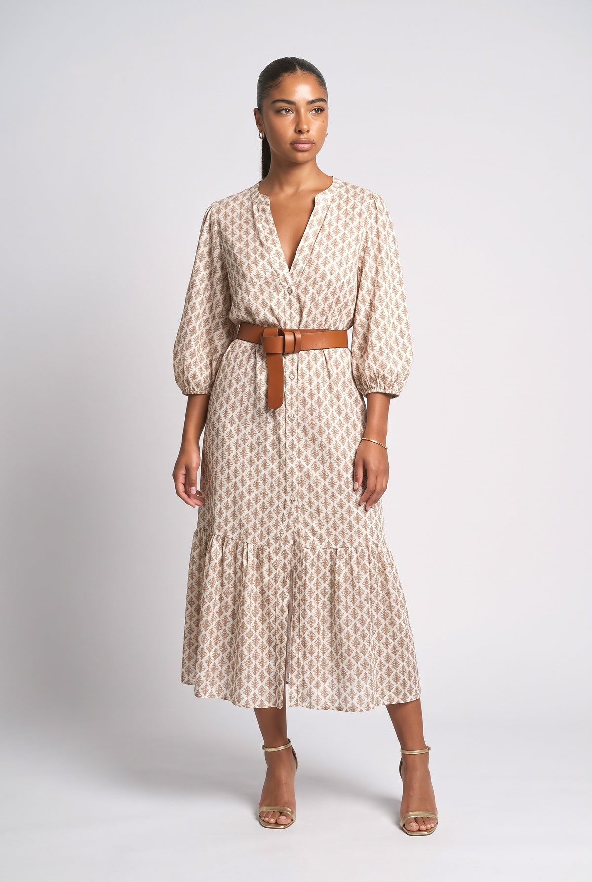 Beige V-Neck Midi Dress, khaki