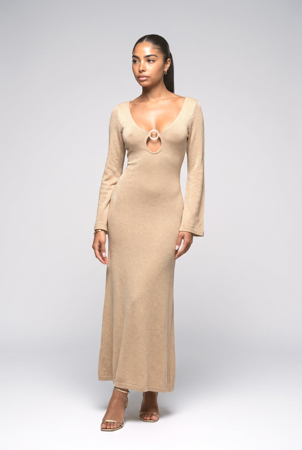 Knit Keyhole Cutout Maxi Dress, khaki
