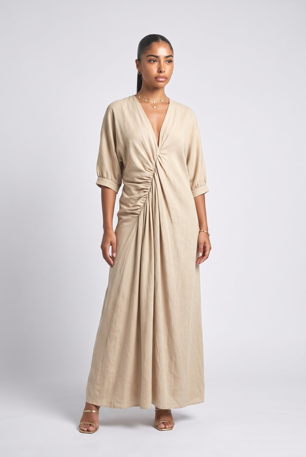 Beige V-Neck Pleated Maxi Dress, khaki