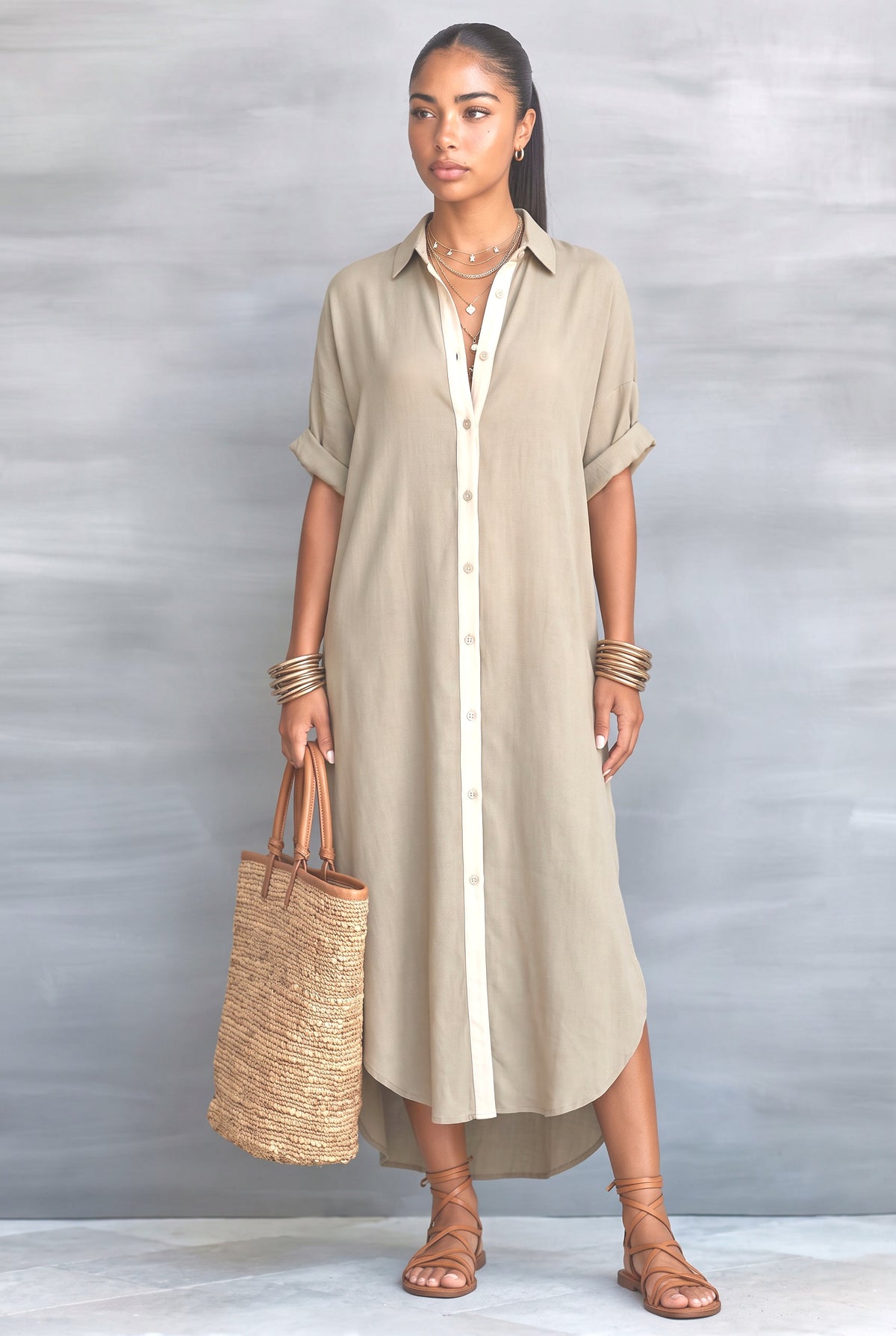 Beige Relaxed Maxi Dress, khaki