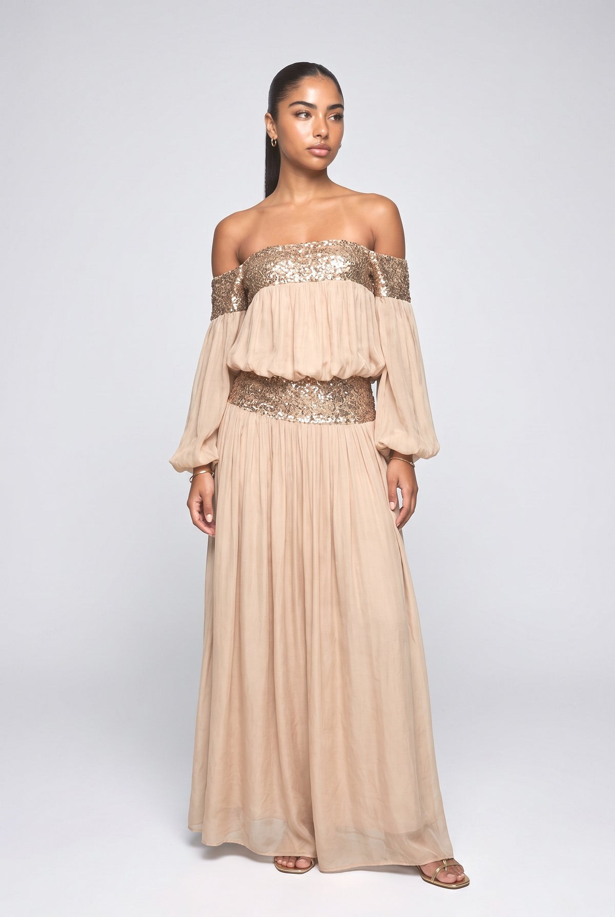 Beige Sequin Off-Shoulder Flowy Outfit Set, khaki