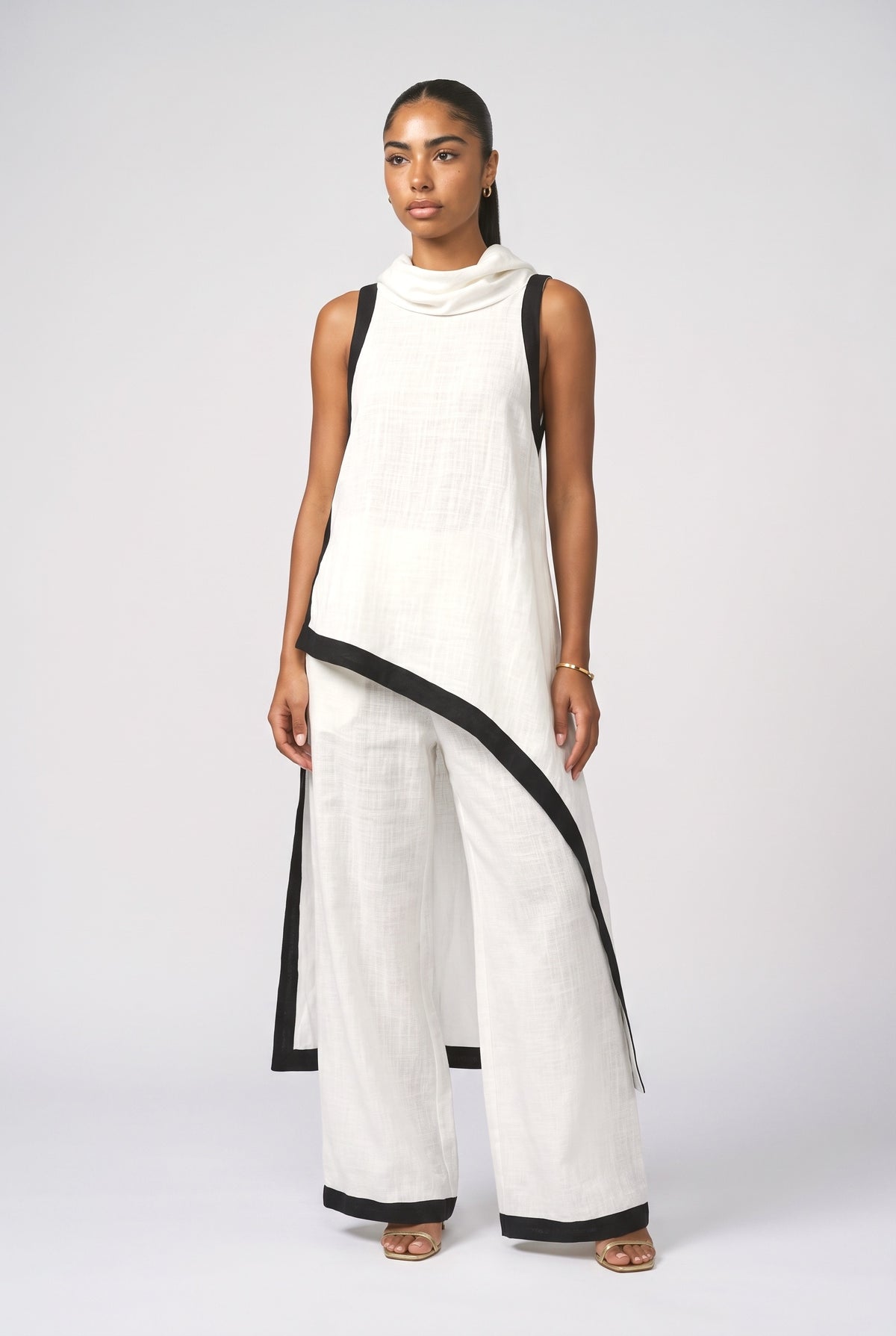 Color Contrast Design Irregular Hem Top and Wide Leg Pants Set, khaki