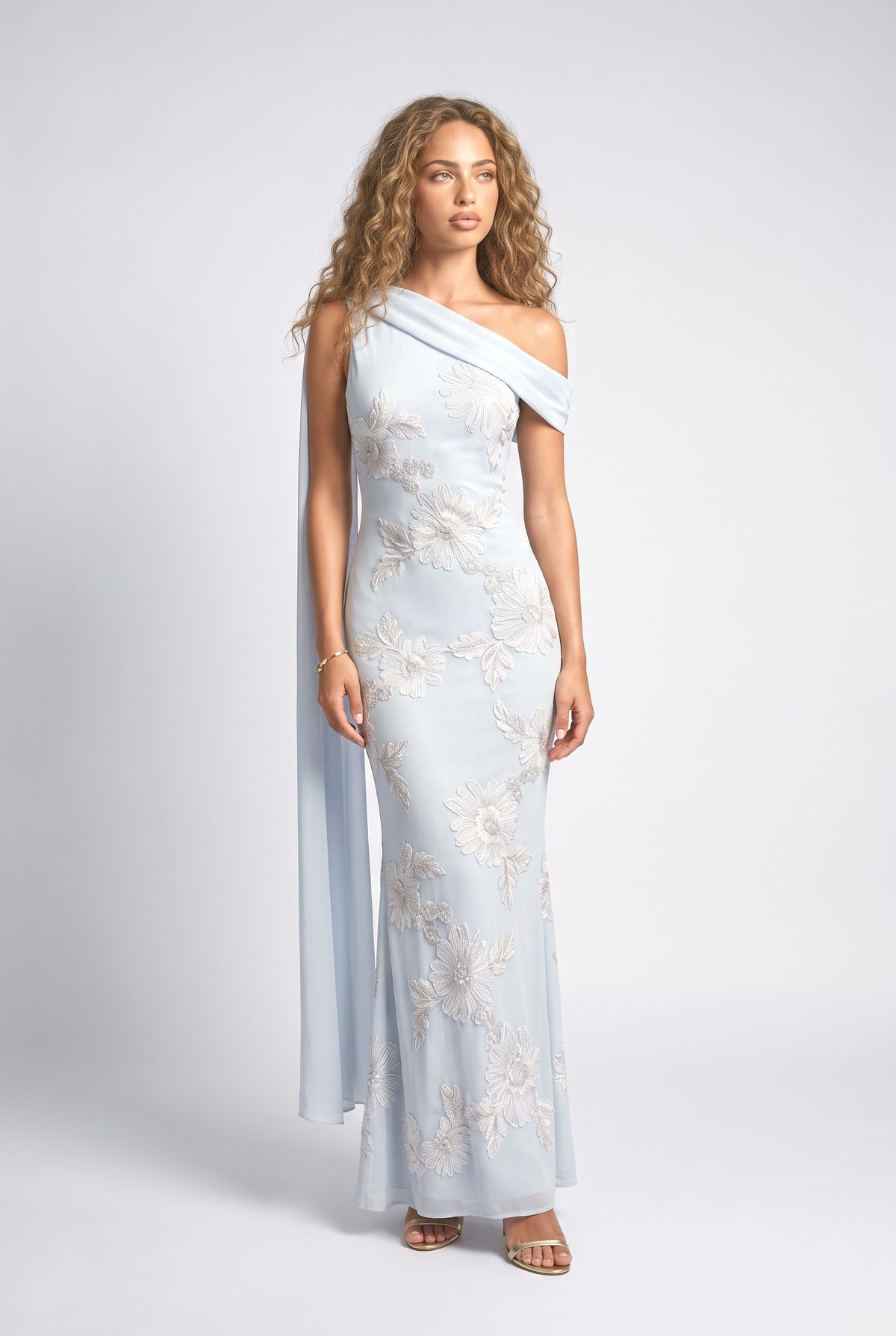Blue Floral One-Shoulder Maxi Dress, light blue