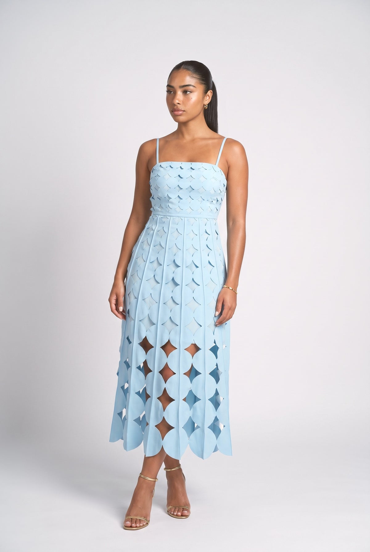 Geometric Strappy Cutout Midi Dress, light blue