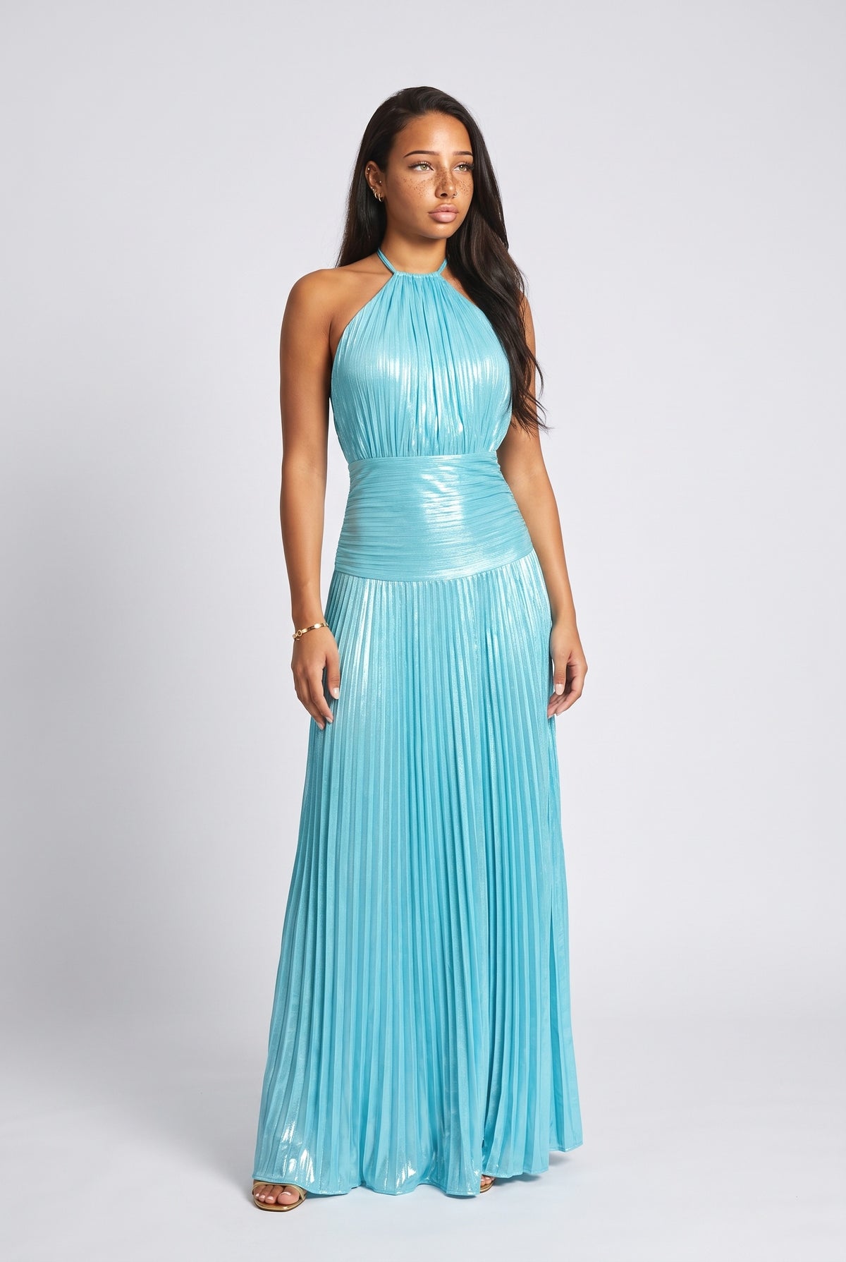 Metallic Pleated Halter Neck Maxi Dress, light blue