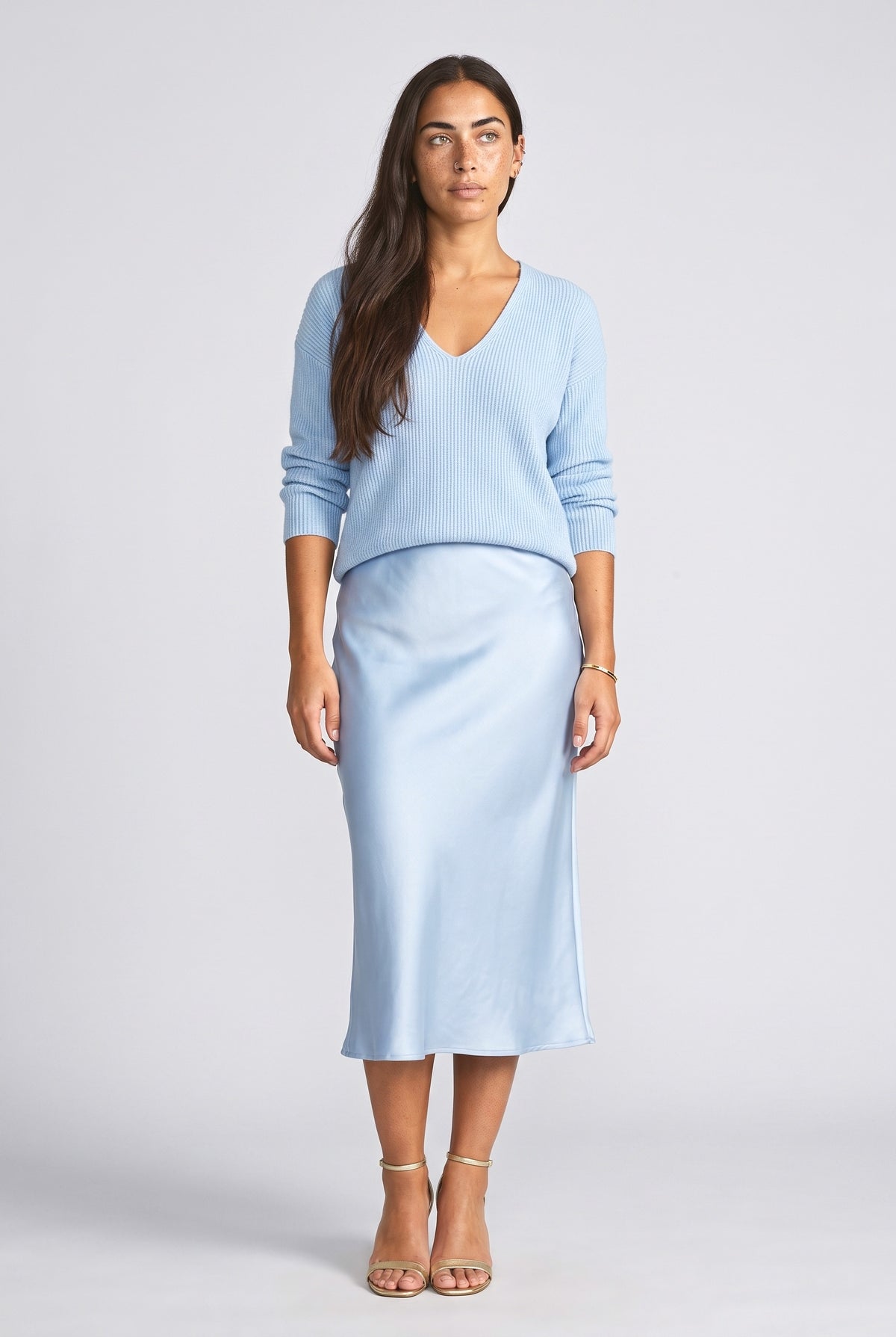 Satin V-Neck Outfit Set, light blue