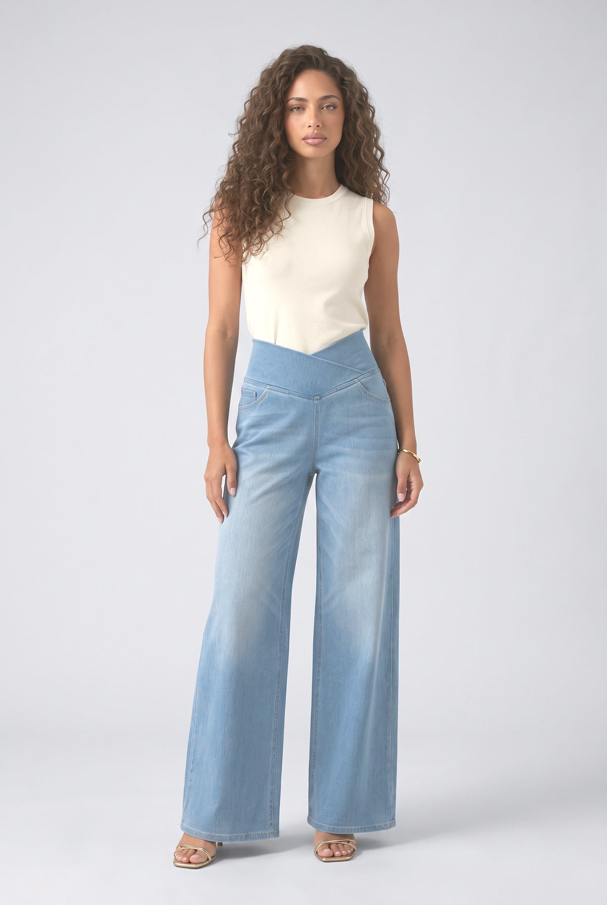 High-Waisted Stretch Denim Pants, light blue
