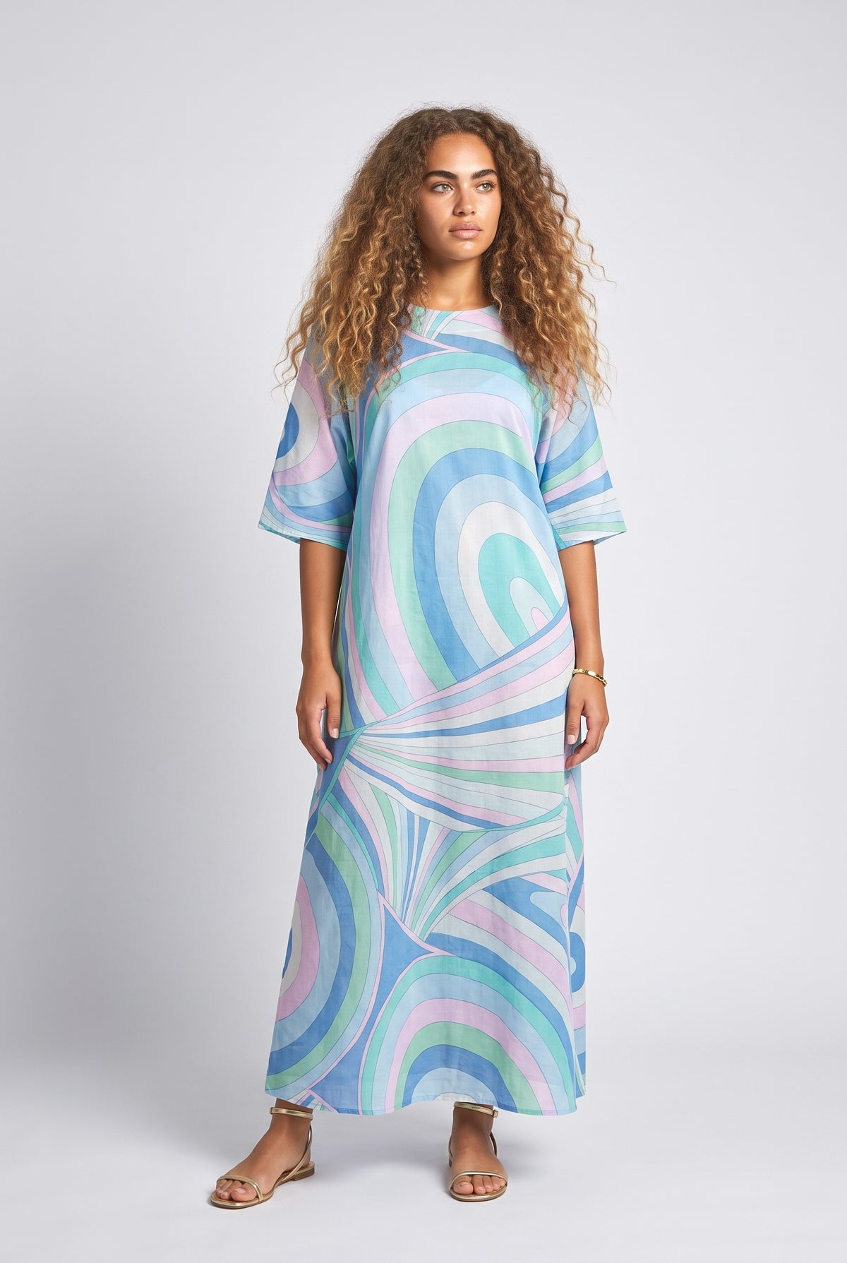 Psychedelic Print Robe Maxi Dress, light blue