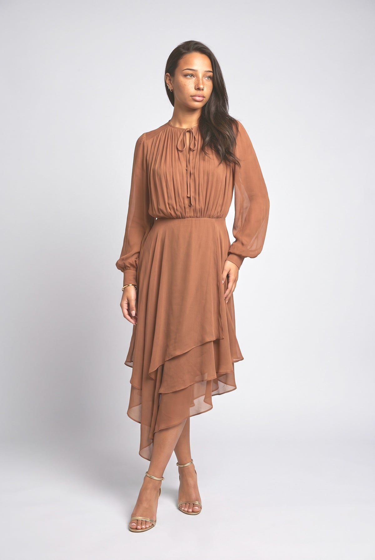 Chiffon Long Sleeve Asymmetric Midi Dress, light brown