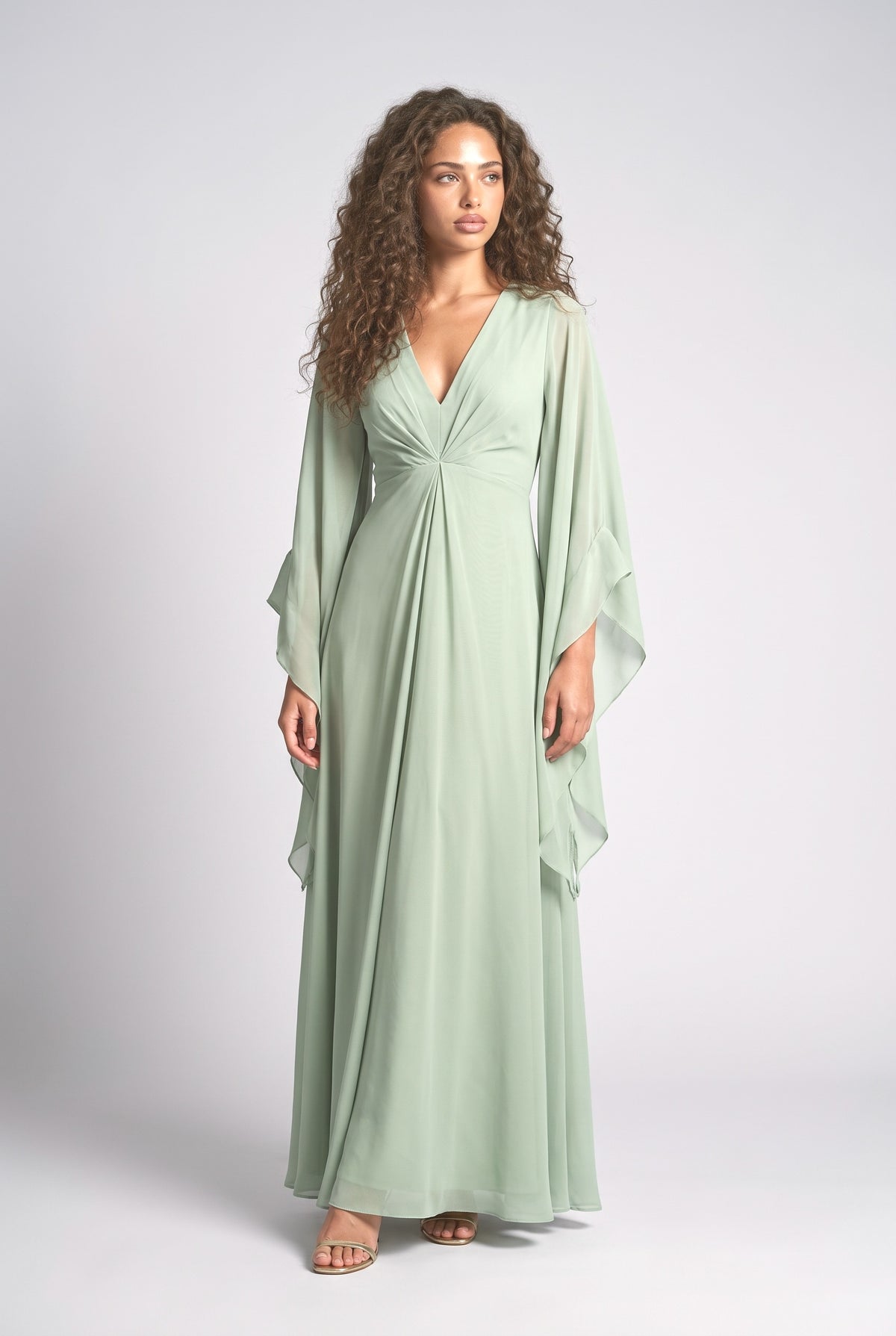 Draped Head Sleeve Chiffon Maxi Dress, light green