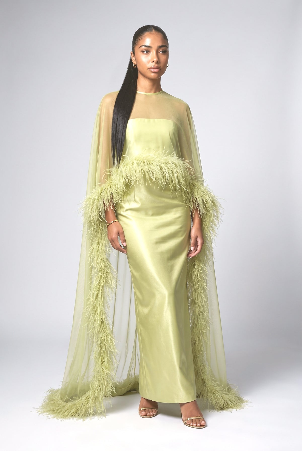 Satin Feather Trim Maxi Dress, light green