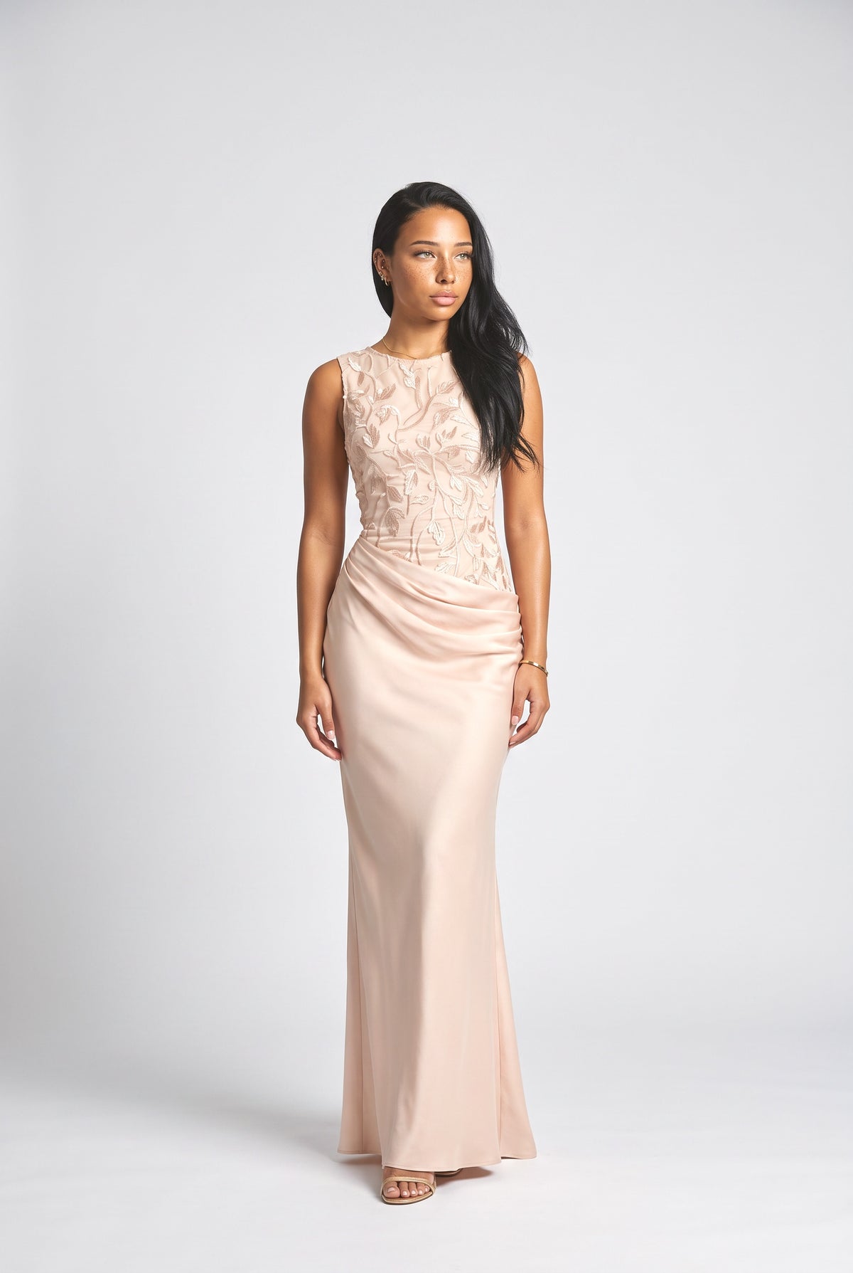 Satin Crew Neck Sleeveless Maxi Dress, light pink