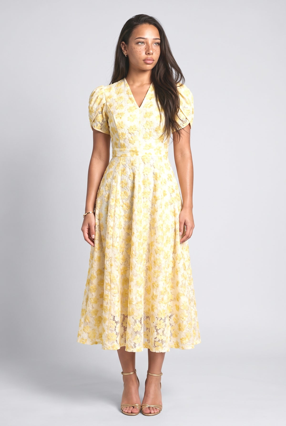 Yellow Floral Puff Sleeve Midi Dress, light yellow
