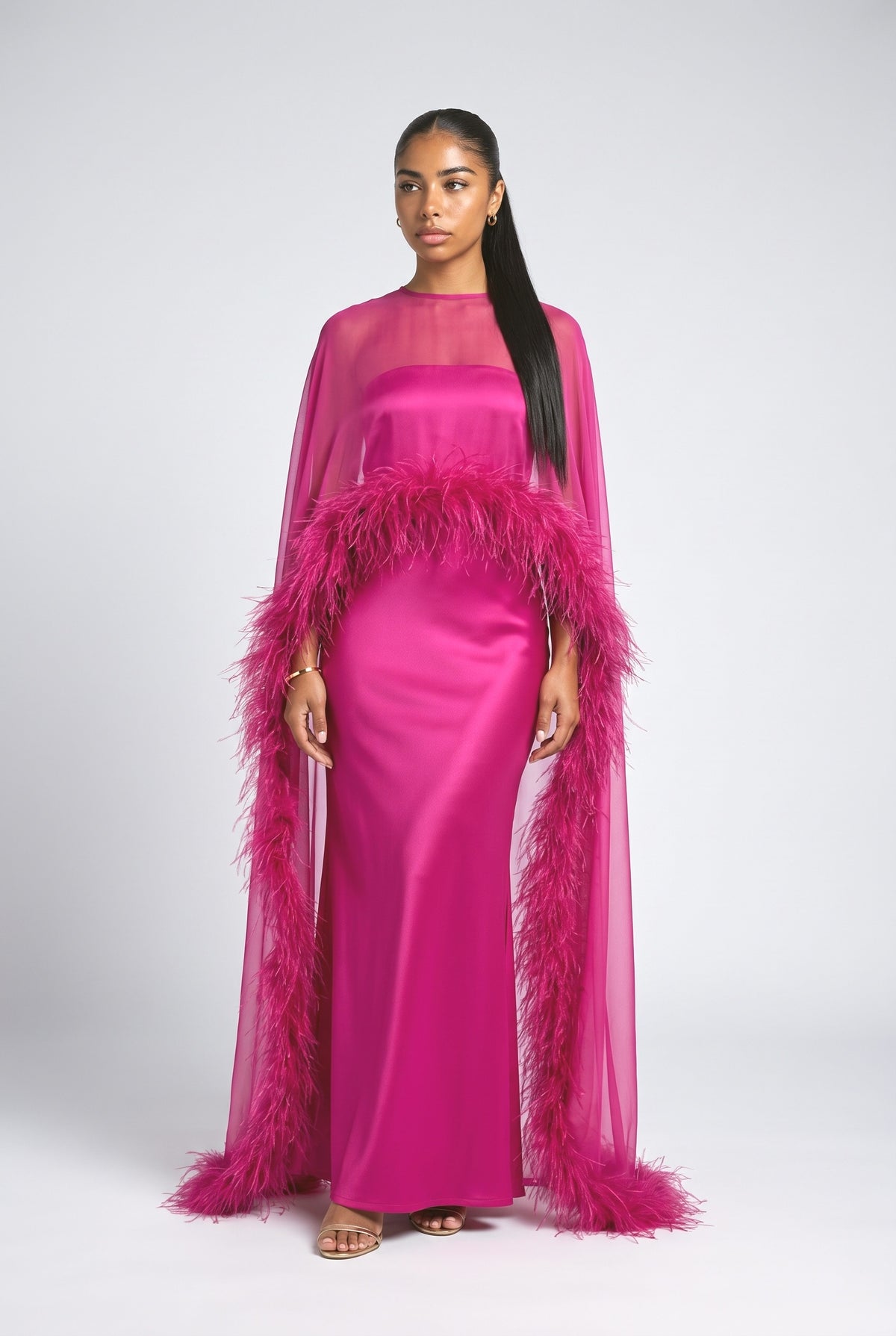 Satin Feather Trim Maxi Dress, magenta