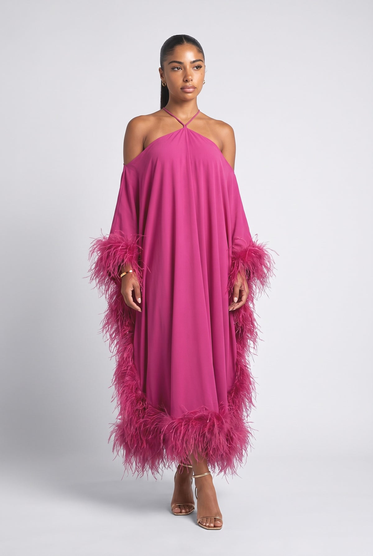 Halter Neck Feather Trim Maxi Dress, magenta