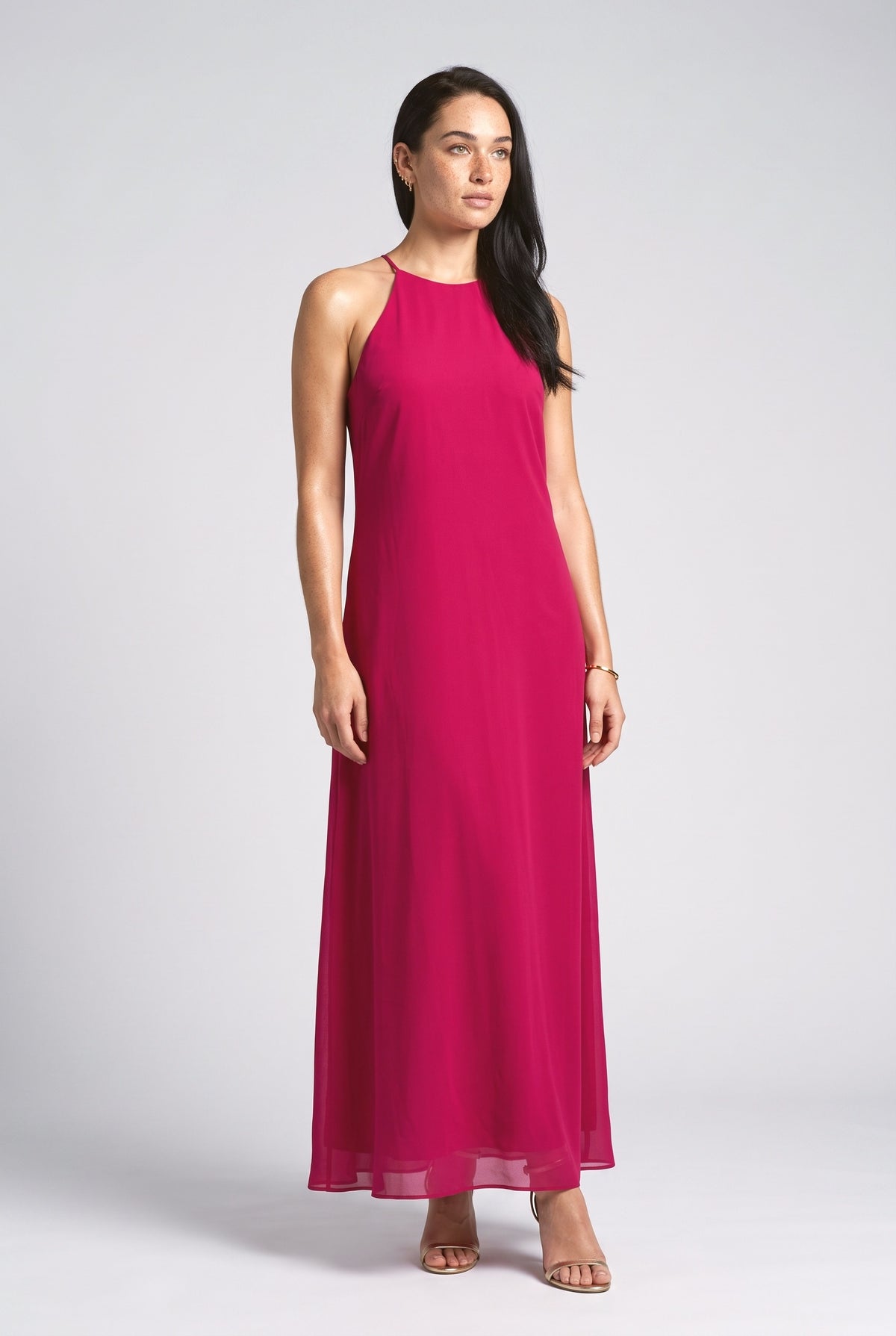 Halter Neck Sequin Chiffon Maxi Dress, magenta