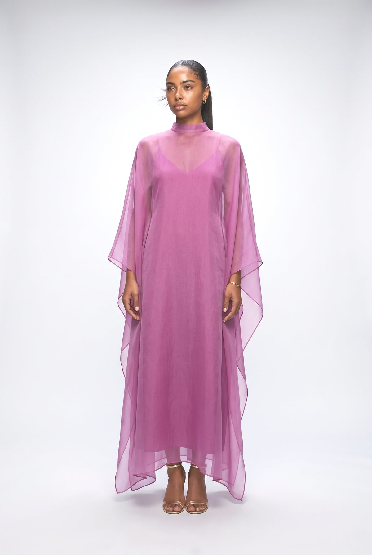 Pink Sheer Cape Maxi Dress, magenta