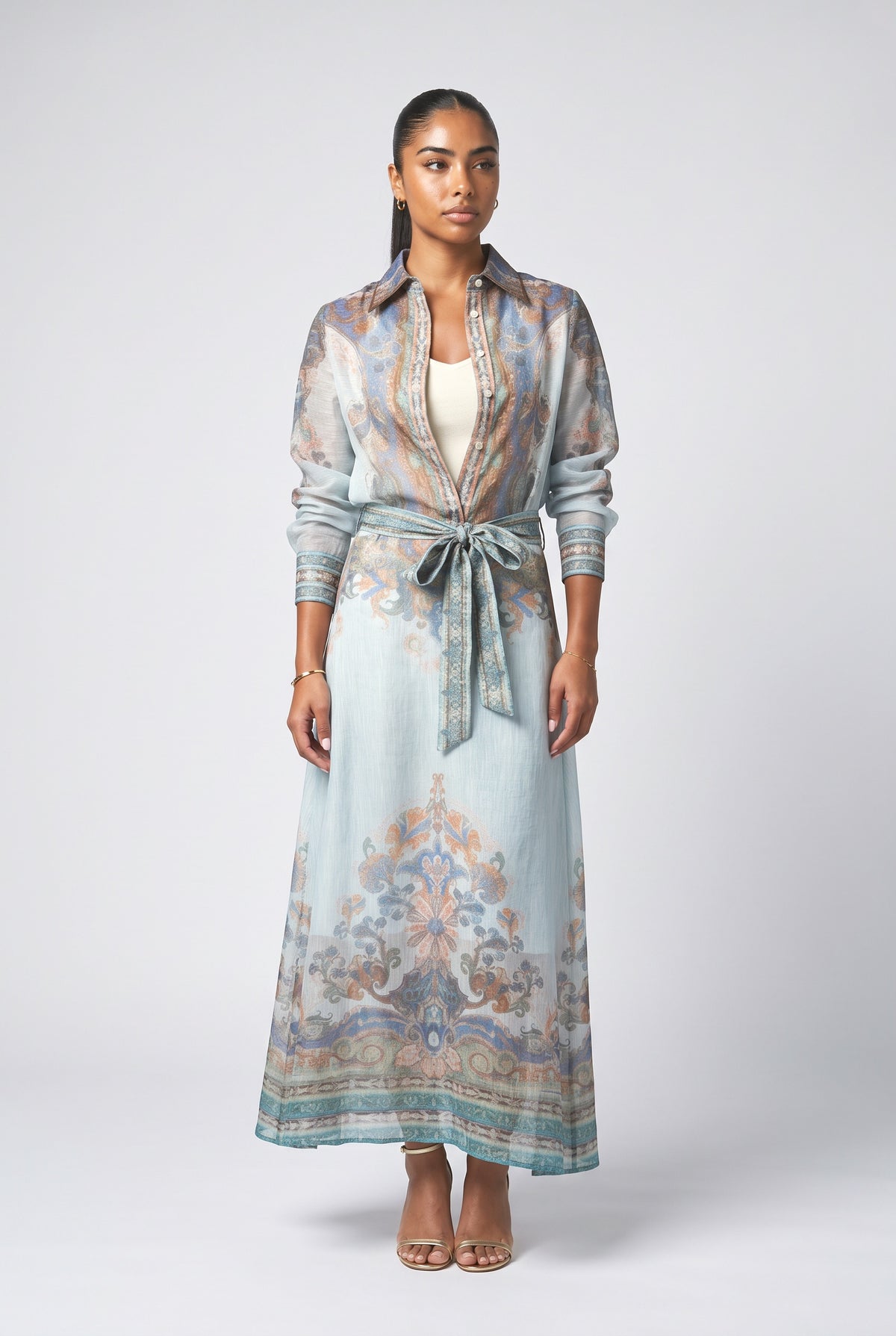 Paisley Pattern Self-Tie Belt Long Skirt, multi set