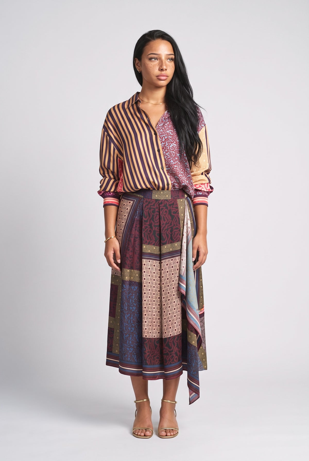 Patchwork Print Shirt & Midi Skirt Two-Piece Set, multi set