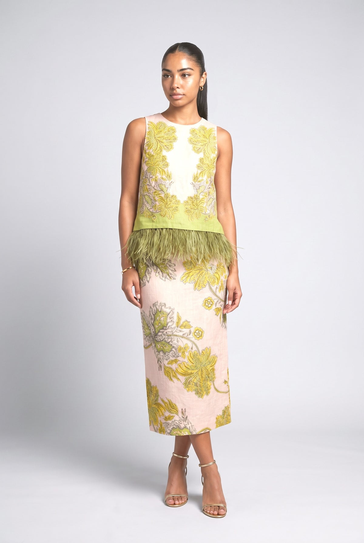 Multicolor Feather Trim Outfit Set, multi set