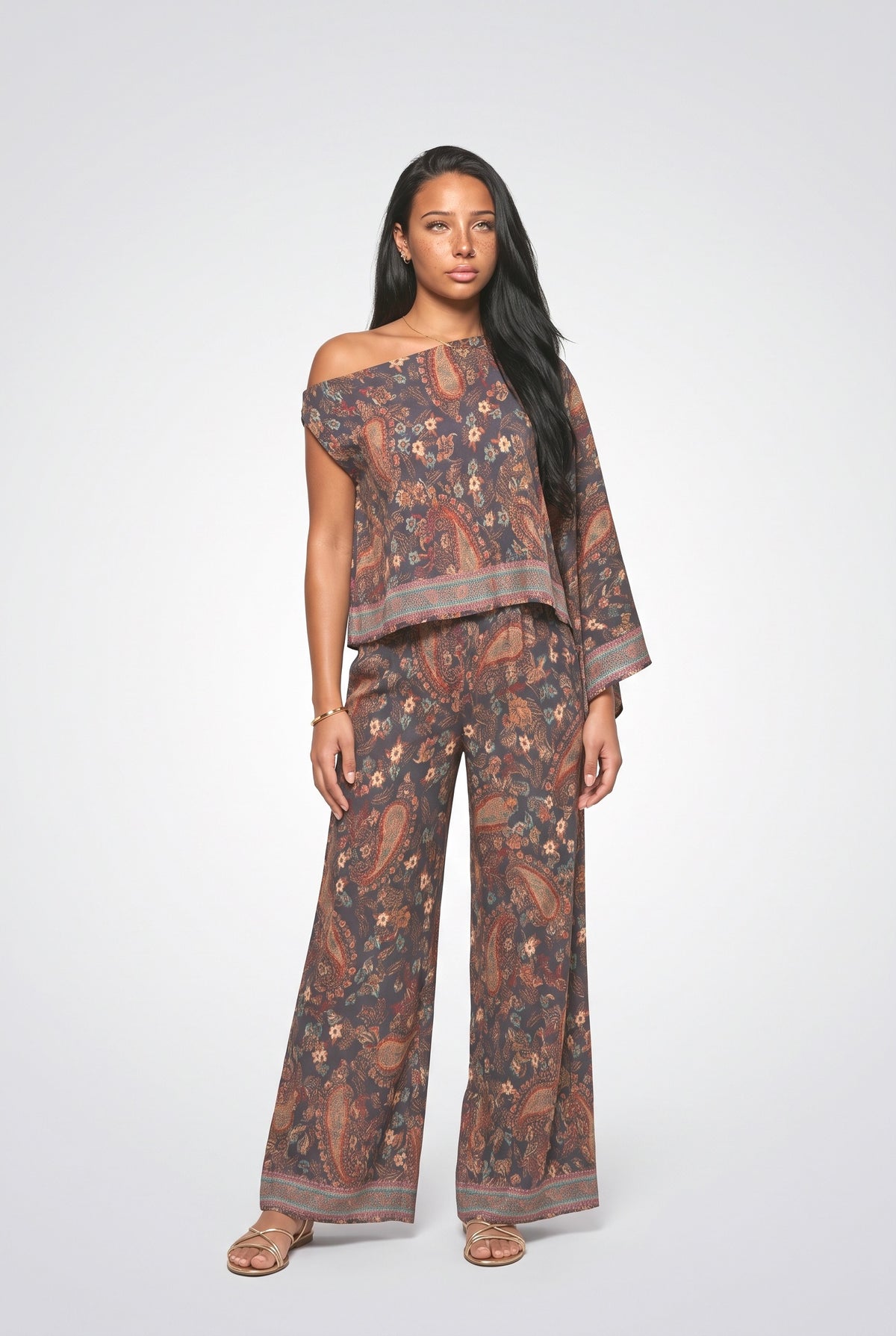 Multicolor Paisley Off-Shoulder Outfit Set, multi set