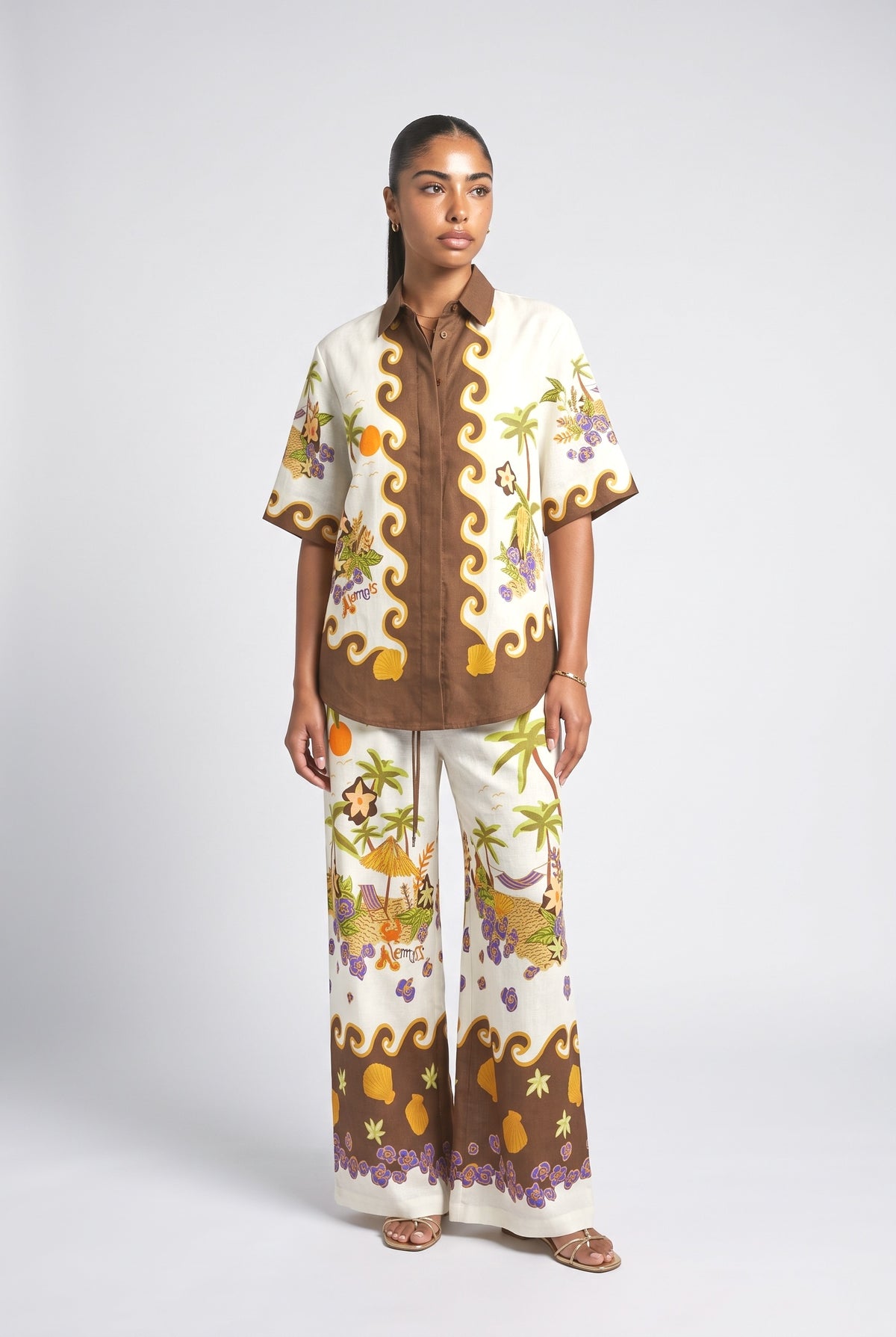 Tropical Print Shirt & Wide-Leg Pants Two-Piece Set, multi set