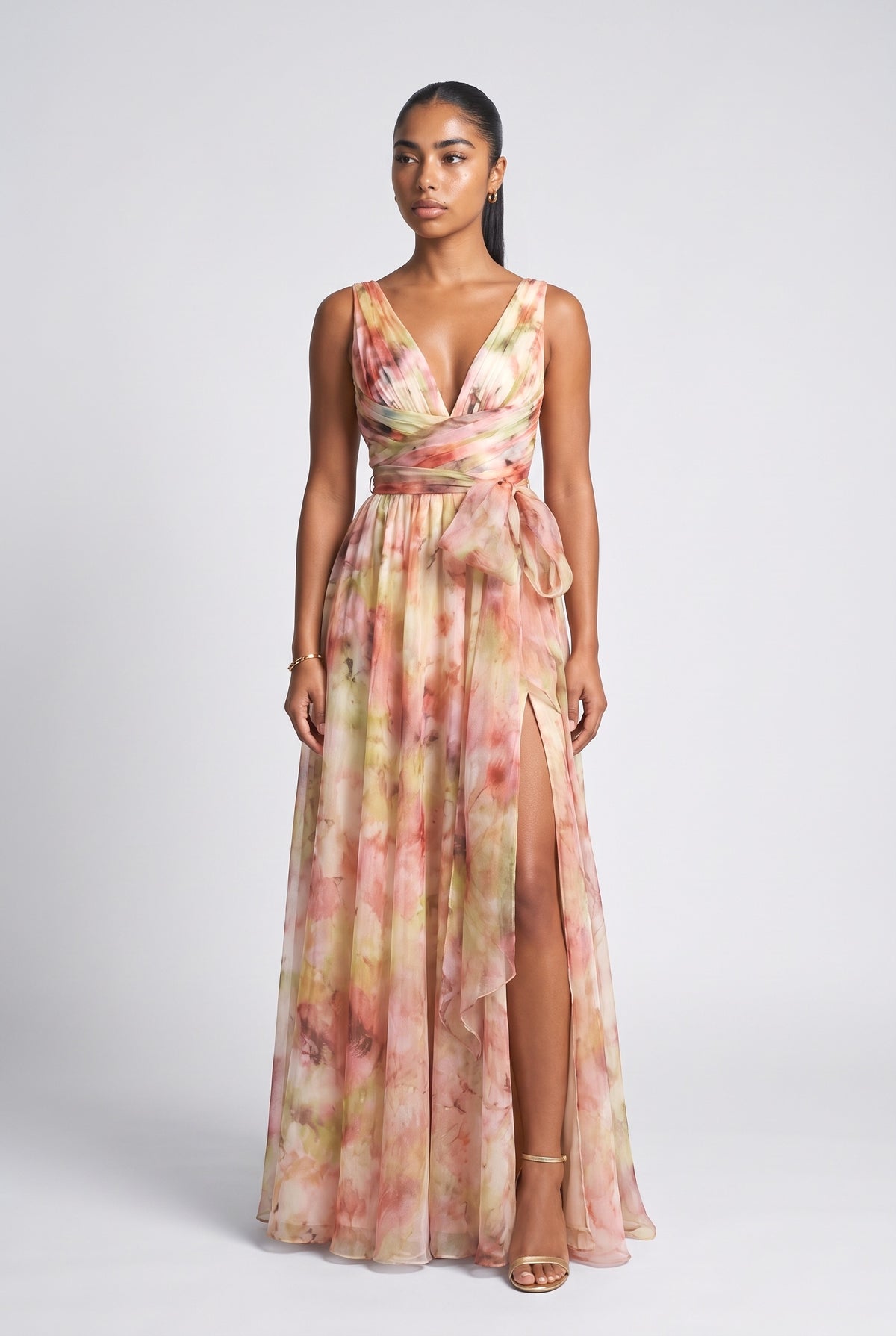 Multicolor Abstract V-Neck Maxi Dress, multi