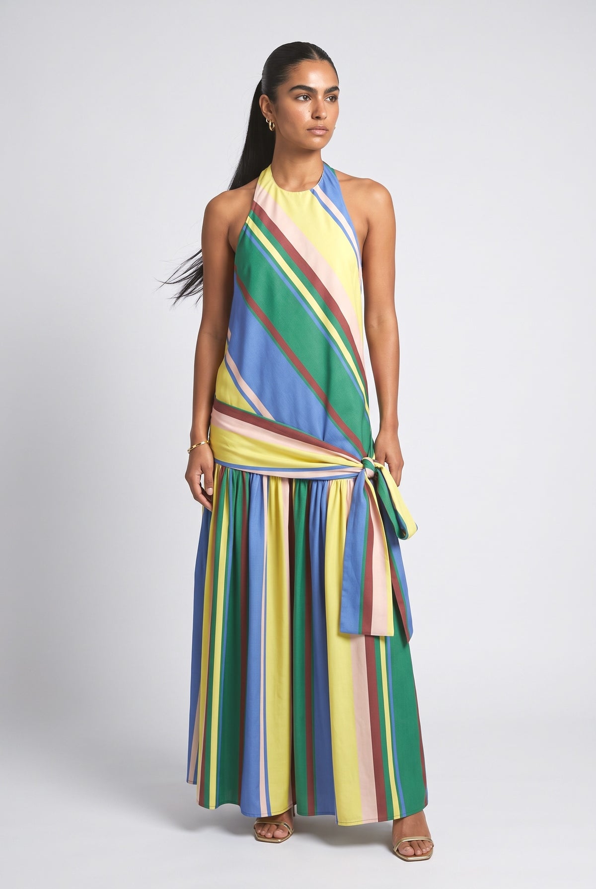 Multicolor Striped Halter Neck Maxi Dress, multi