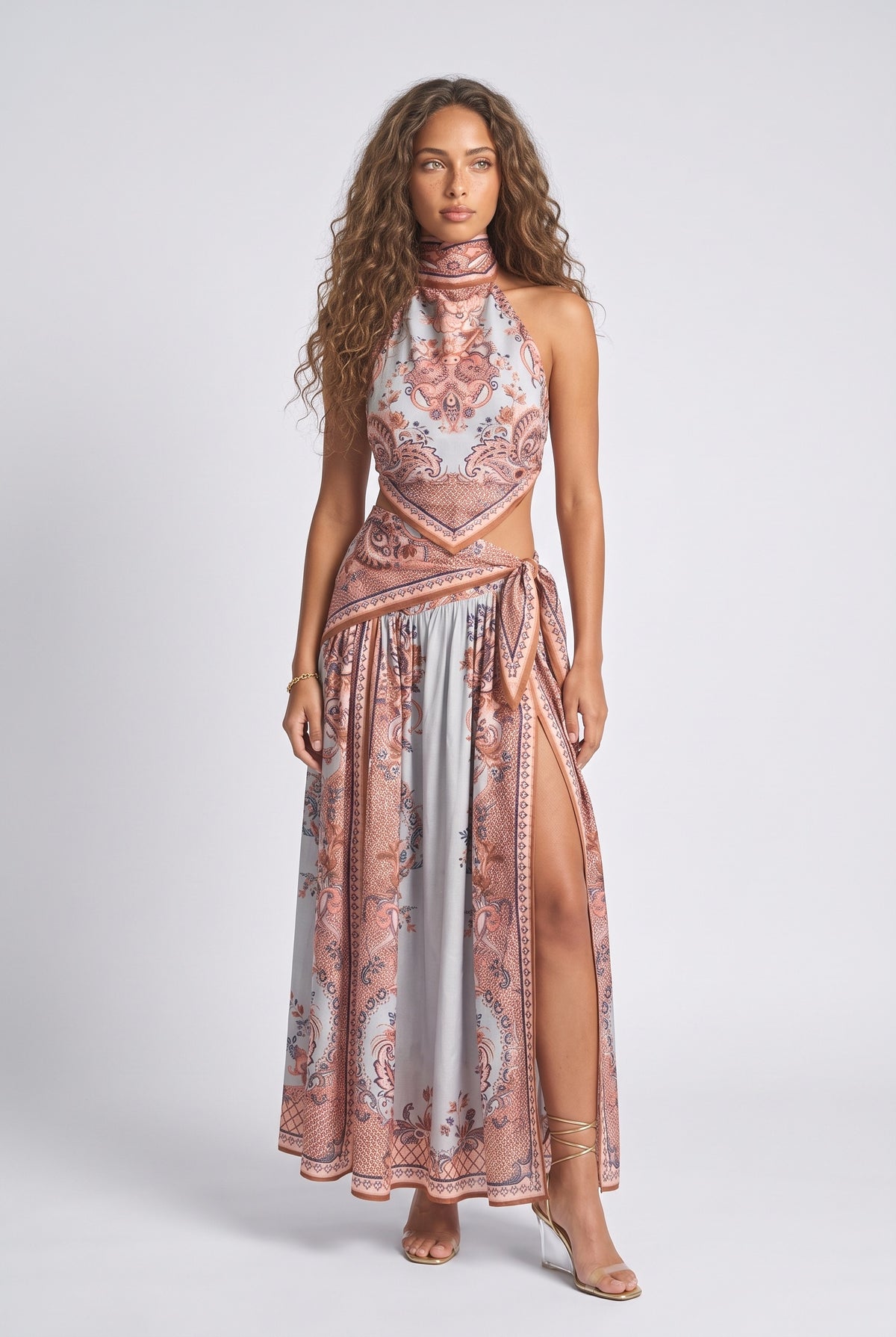Multicolor Paisley Halter Neck Dress, multi