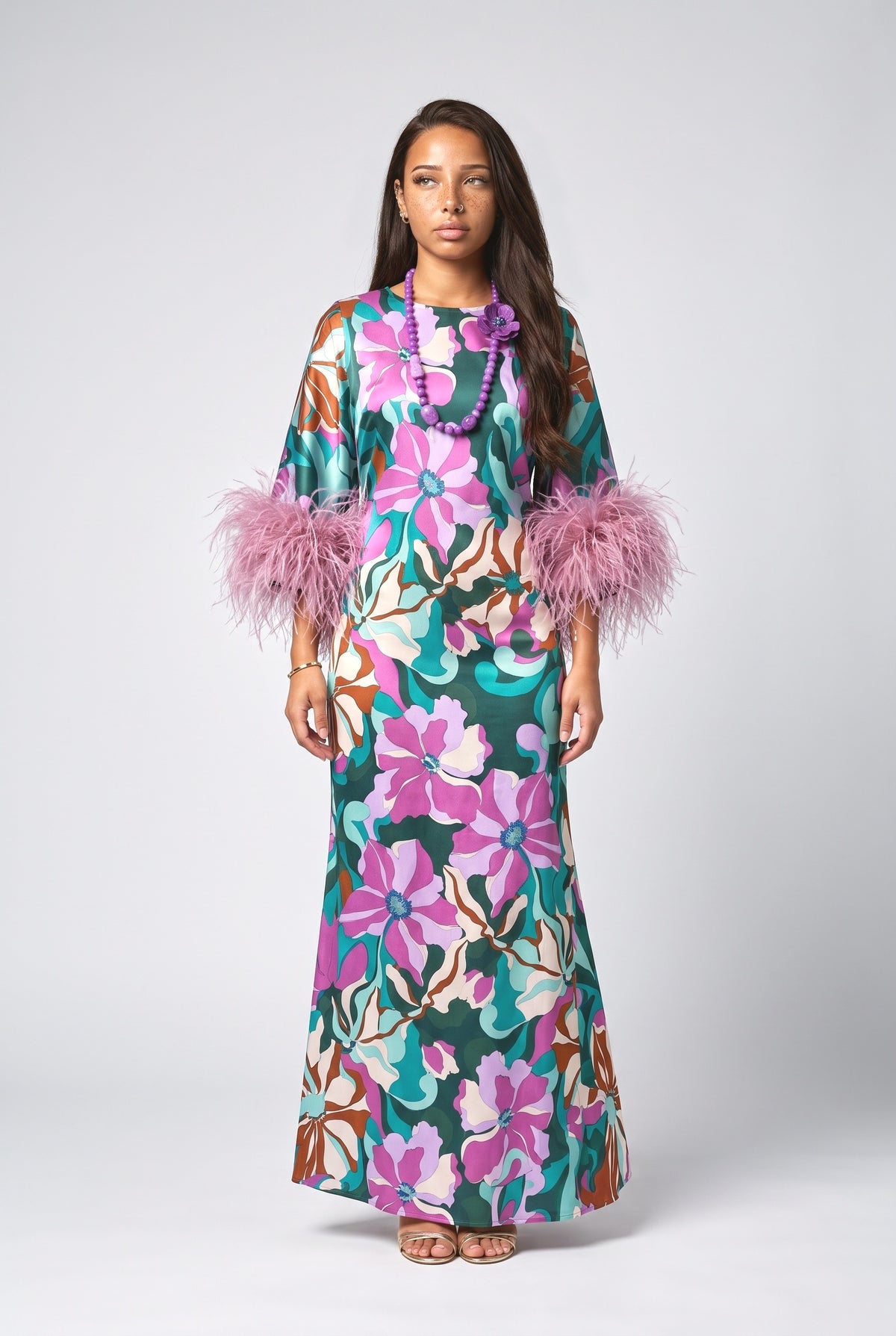 Multicolor Floral Satin Feather Trim Maxi Dress, multi