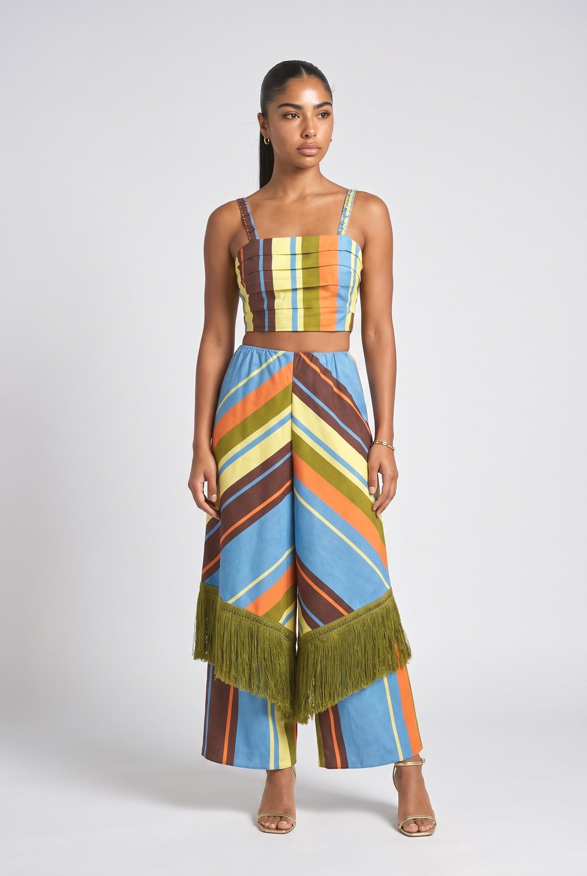 Multicolor Striped Fringe Outfit Set, multi