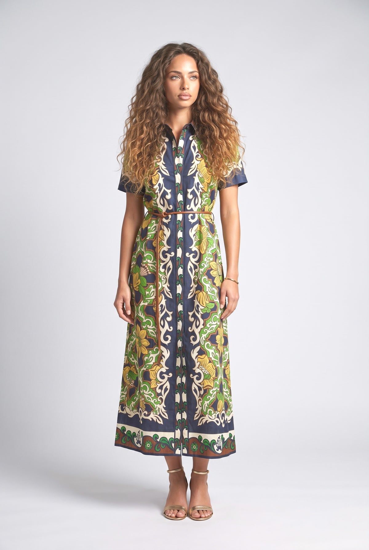 Bohemian Style Bar Print Shirt Collar Ti Meani Dress, multi