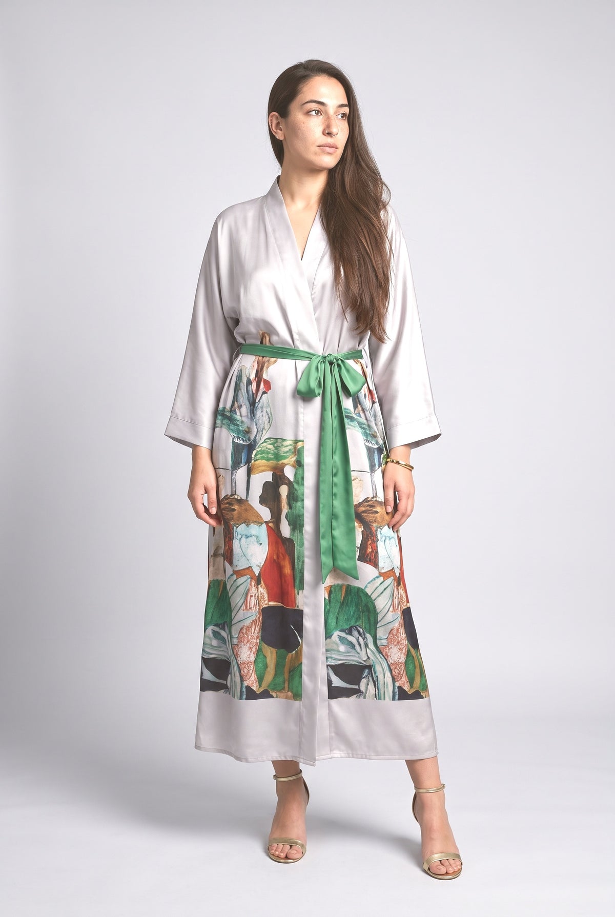 Artistic Print Long Robe Style Maxi Dress, multi