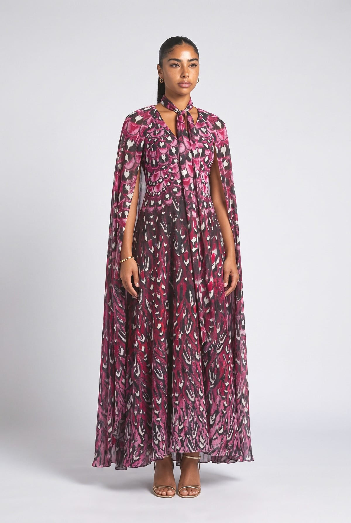 Multicolor Floral Cape Maxi Dress, multi