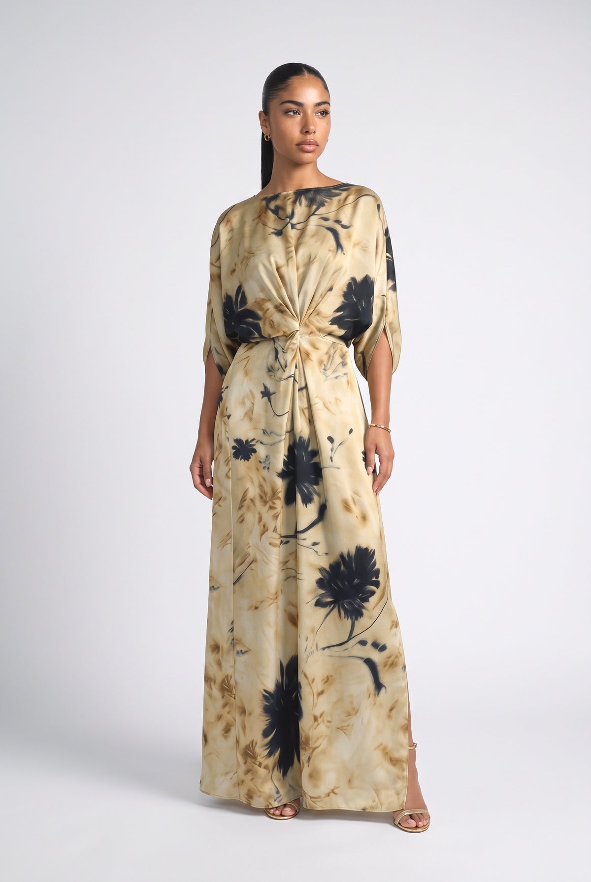 Watercolor Twist-Front Maxi Dress, multi