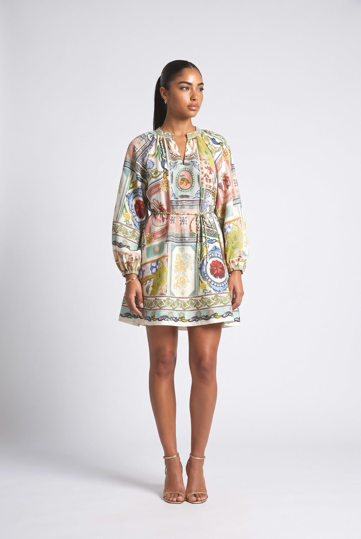 Multicolor Print Linen Mini Dress, multi