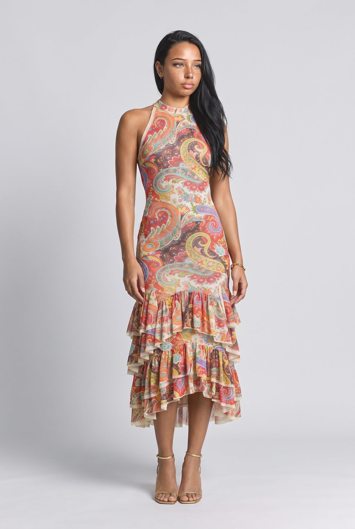 Multicolor Paisley Halter Neck Ruffle Midi Dress, multi