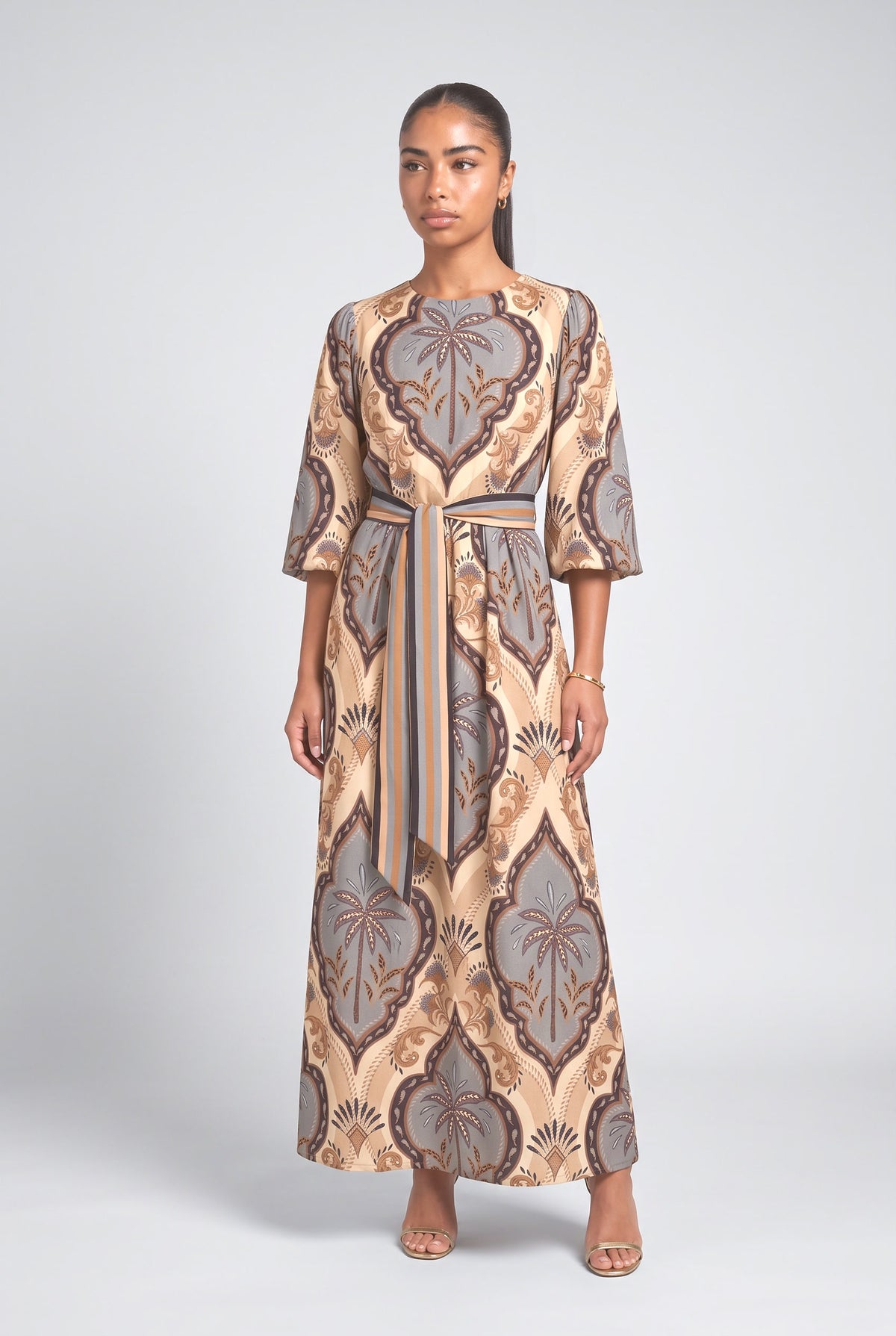 Vintage Palm Print Belted Maxi Dress, multi
