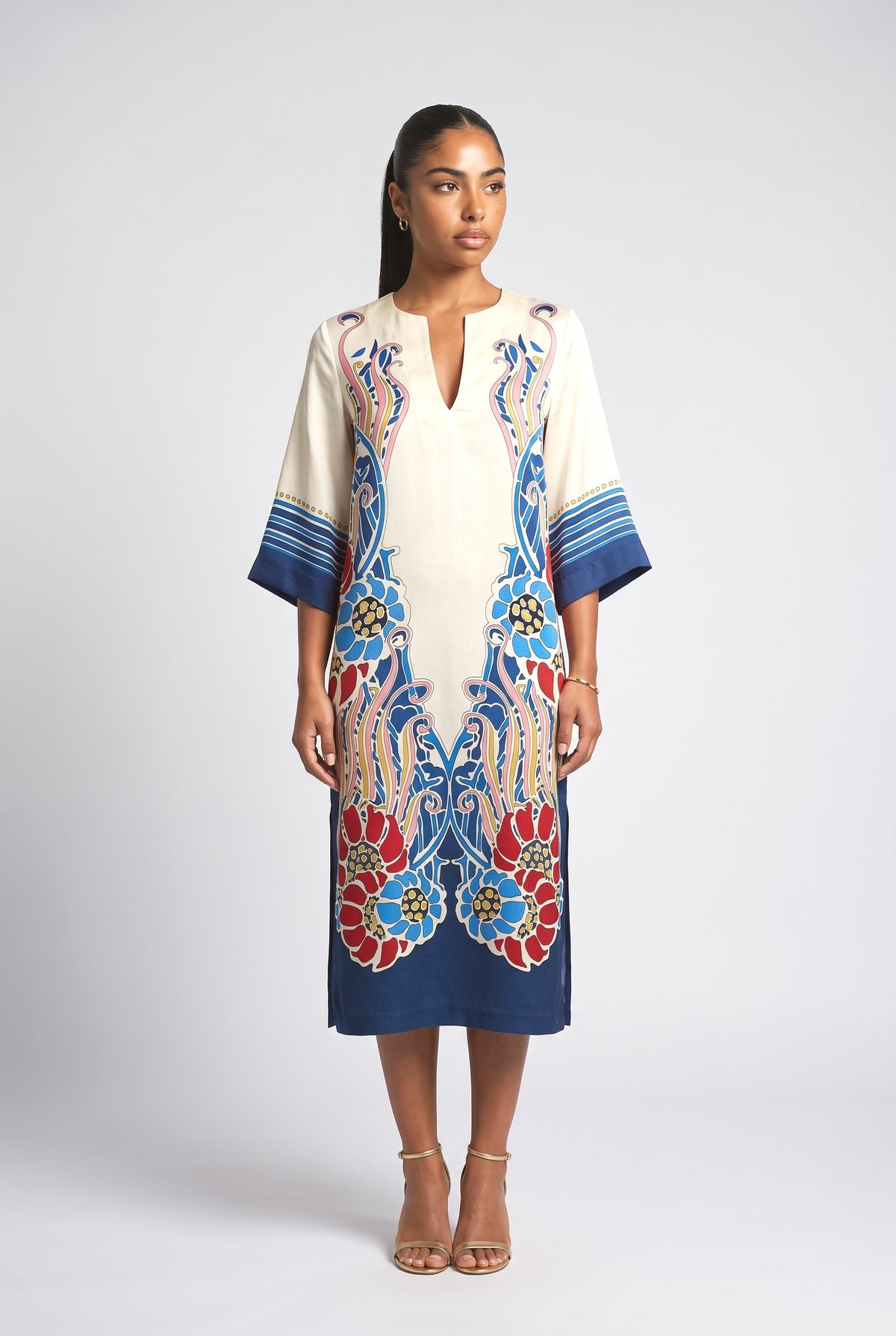 Multicolor Floral Satin Midi Dress, multi