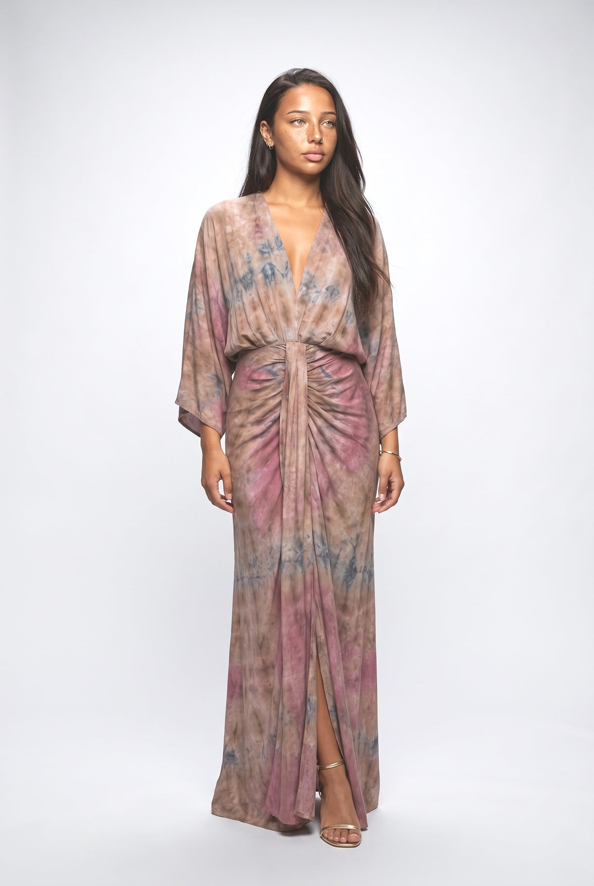 Bohemian Kimono-Inspired Tie-Dye Print Waist-Tie Maxi Dress, multicolor