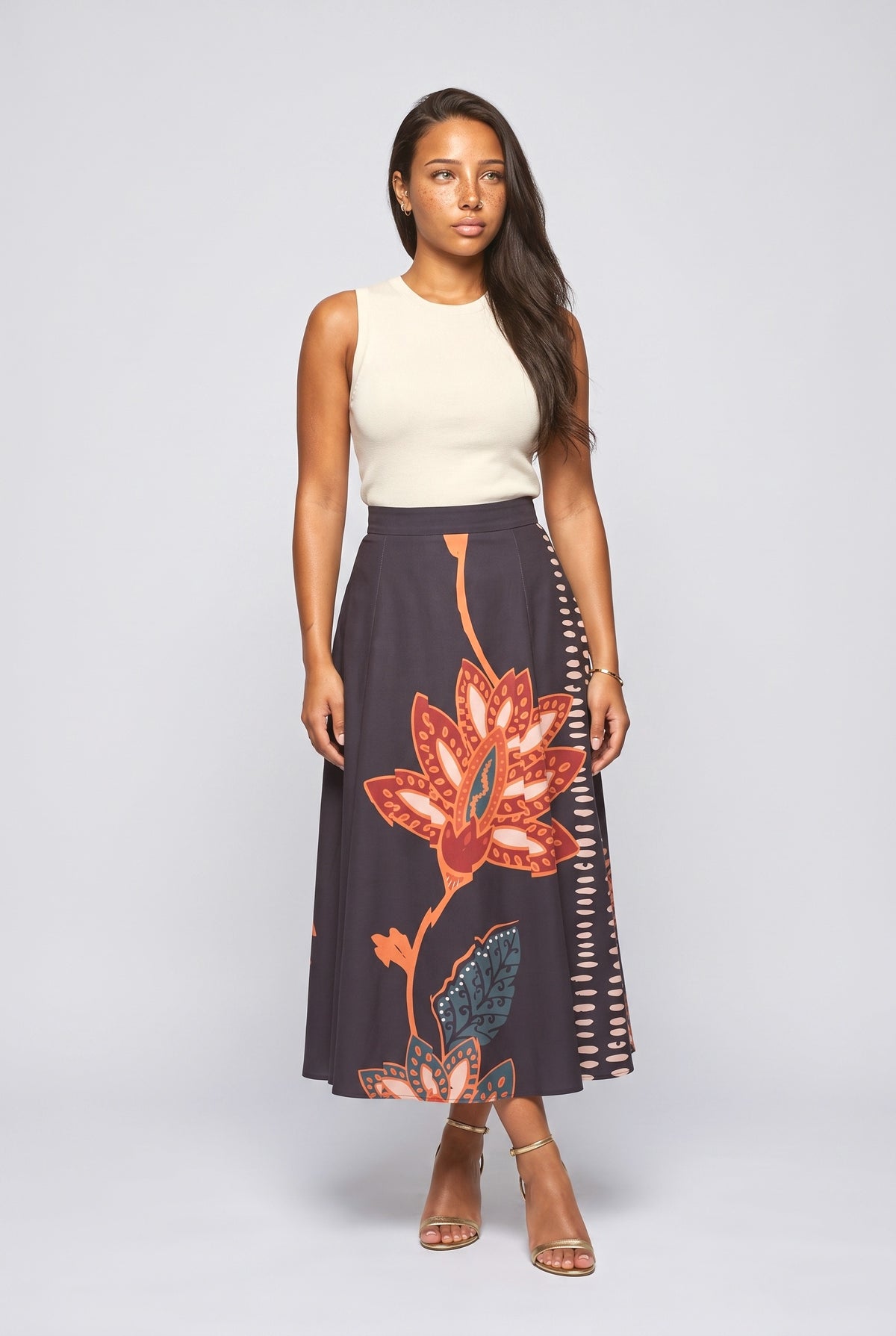 Floral A-Line Midi Skirt, navy blue skirt