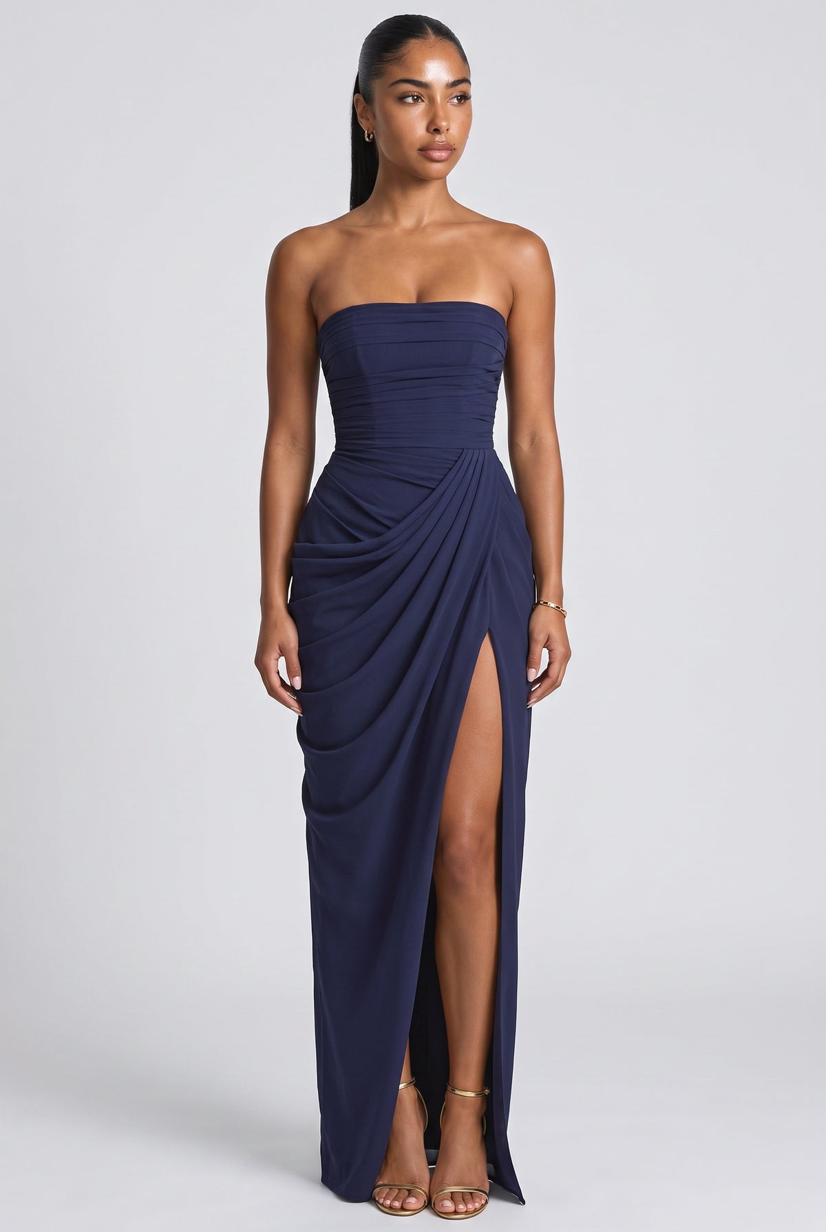 Strapless Pleated Maxi Dress, navy