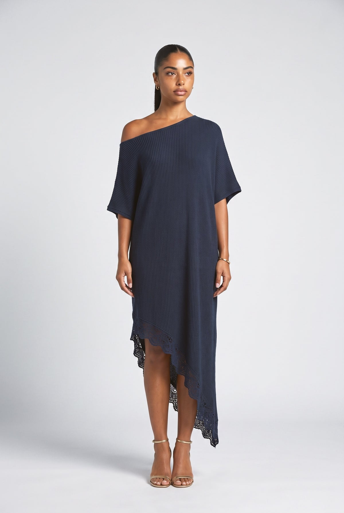 Navy Knit Off-Shoulder Asymmetric Maxi Dress, navy